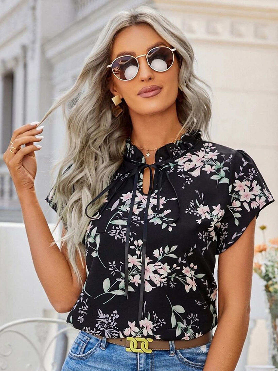 

Kotty Women Navy Blue Floral Print Tie-Up Neck Crepe Top