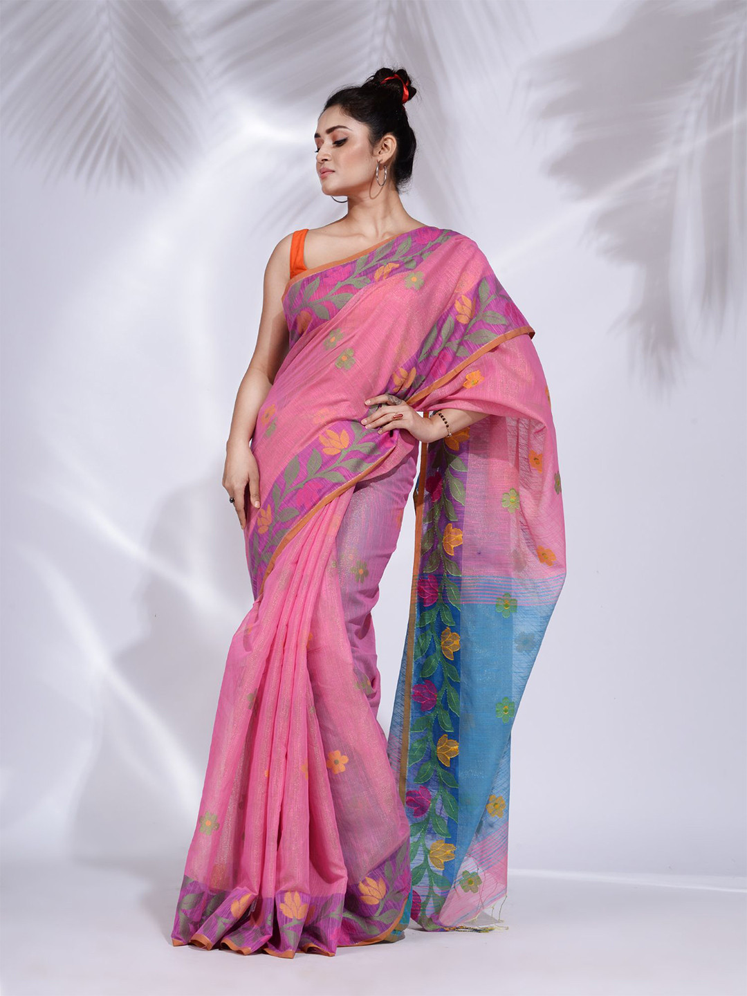 

Charukriti Pink & Blue Floral Tissue Saree