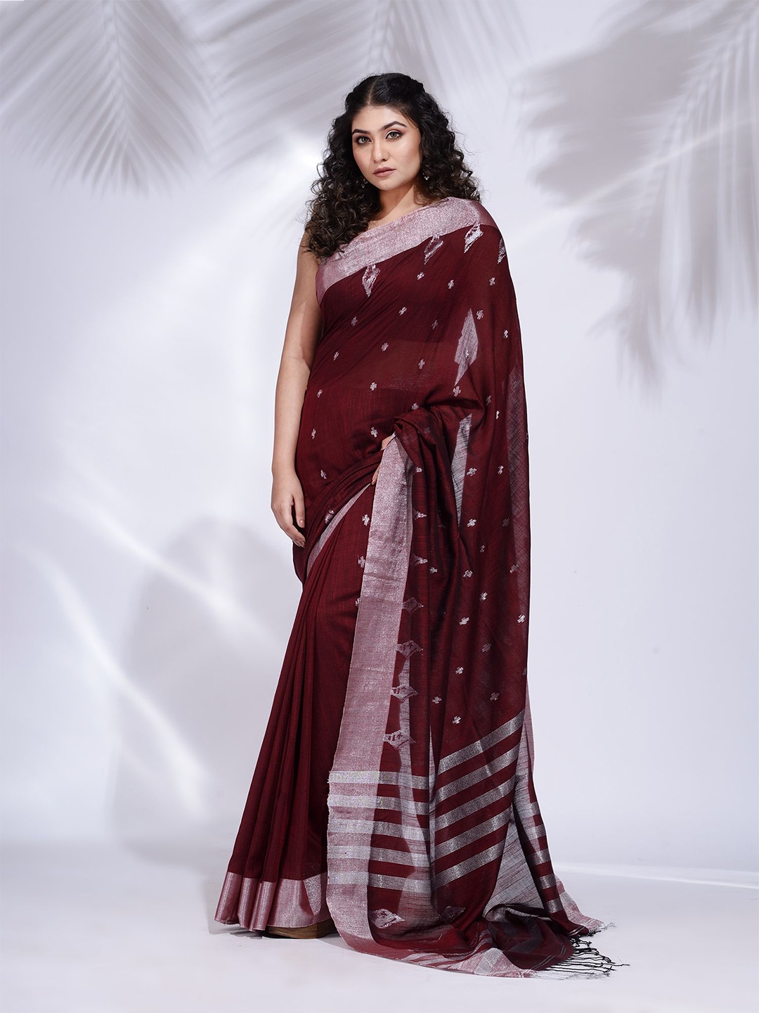 

Charukriti Maroon & Silver-Toned Zari Pure Cotton Saree