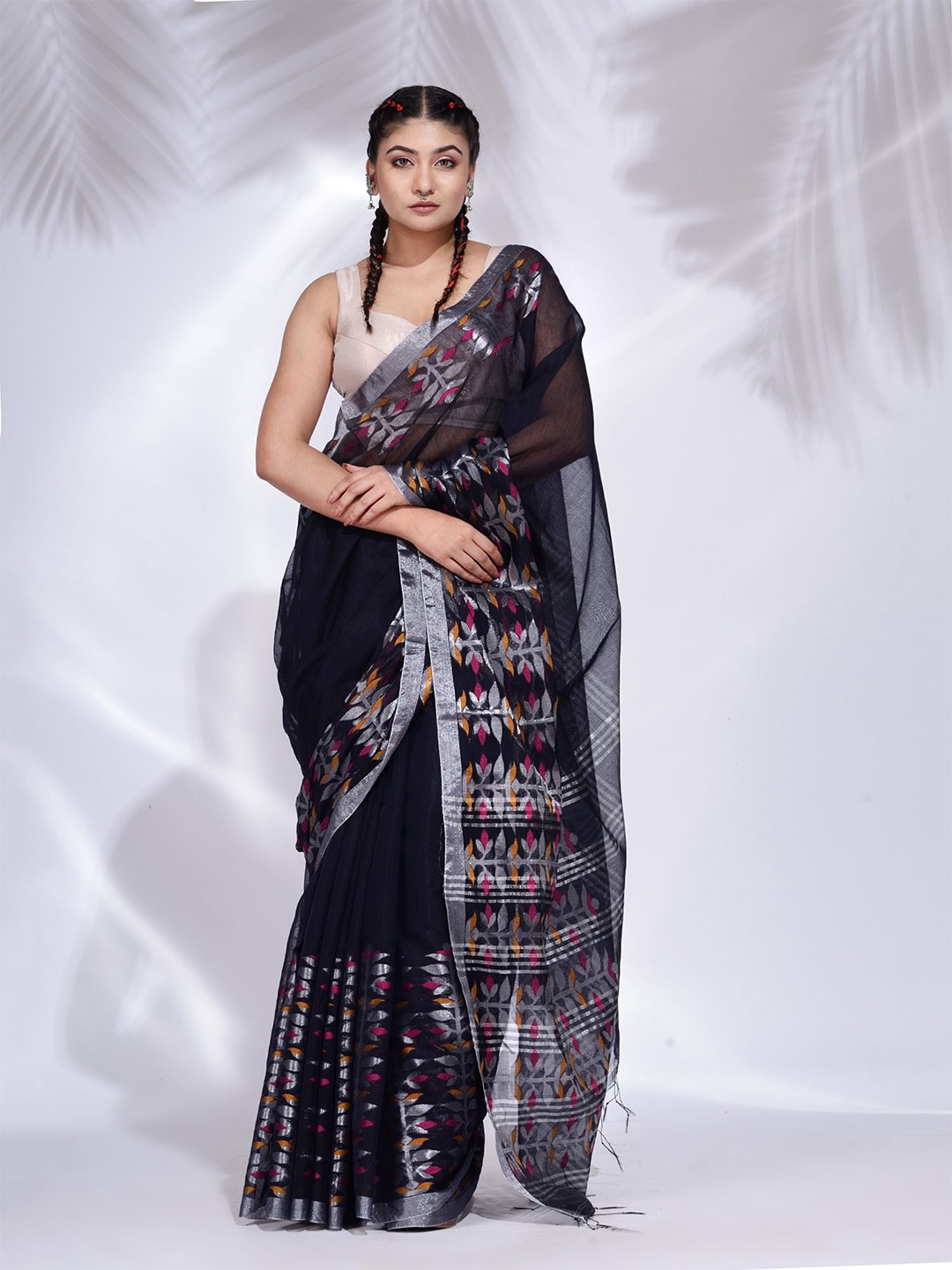 

Charukriti Black & Grey Floral Zari Saree