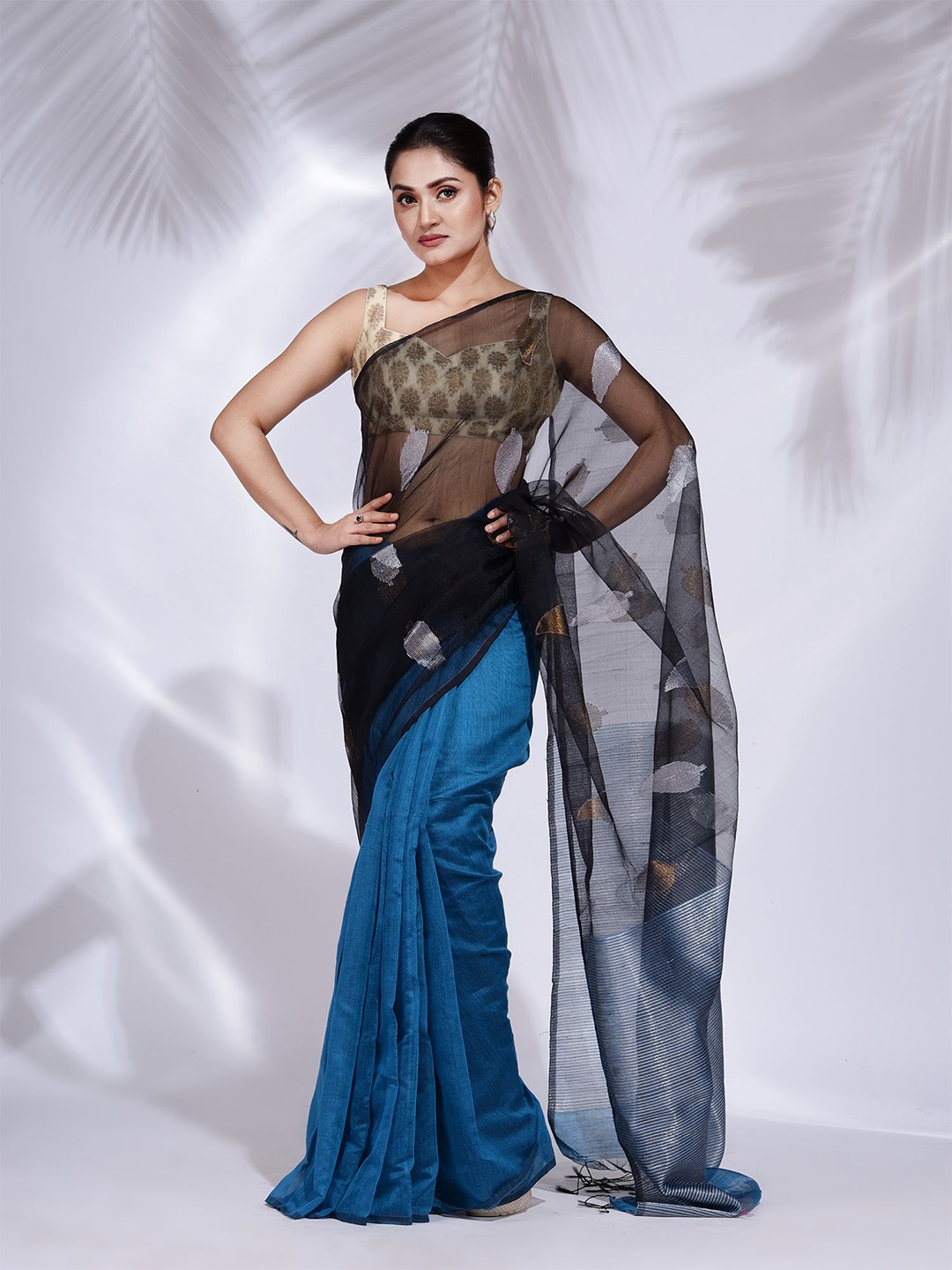 

Charukriti Black & Blue Woven Design Saree