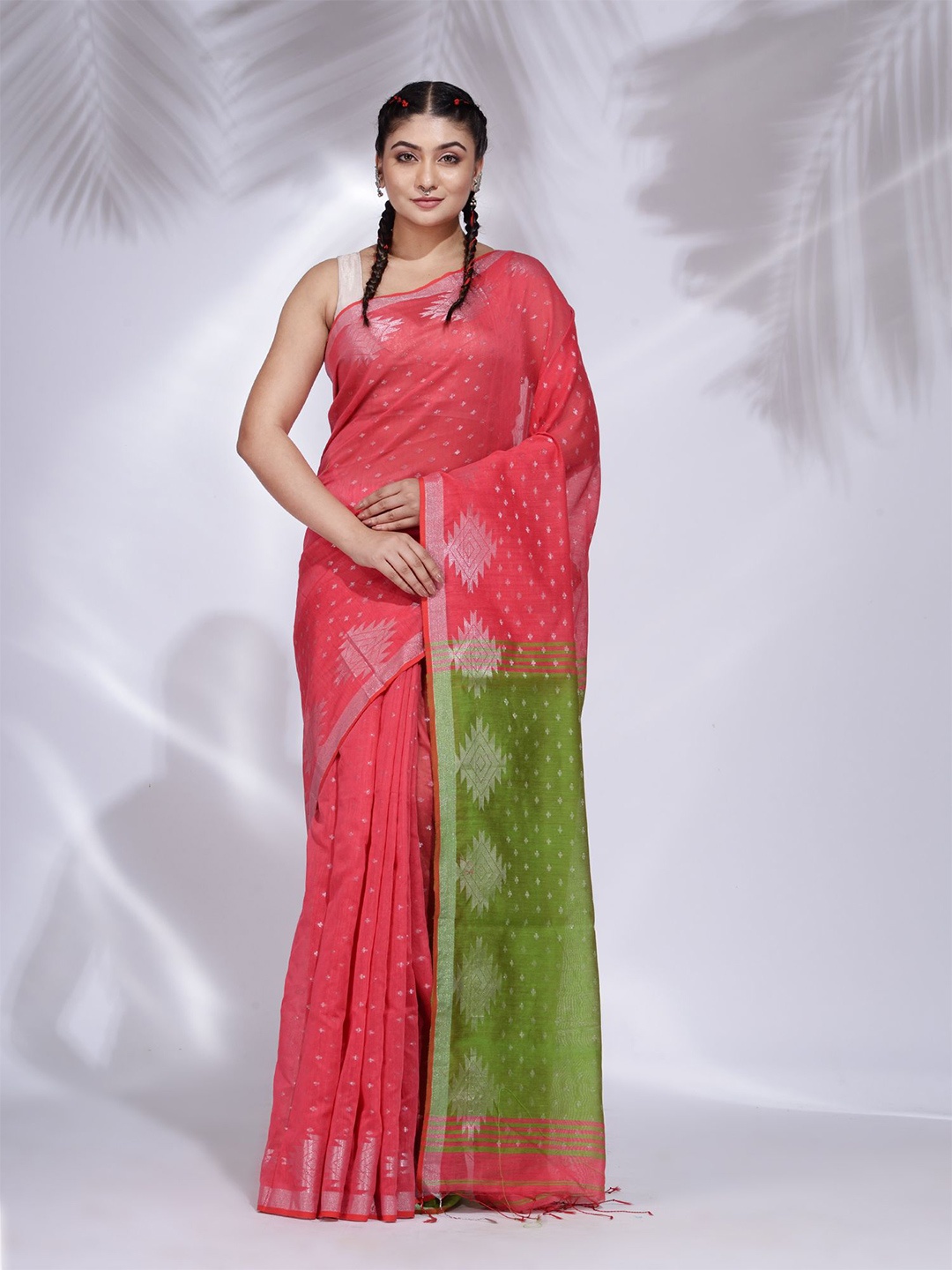 

Charukriti Women Pink & Green Woven Design Zari Saree