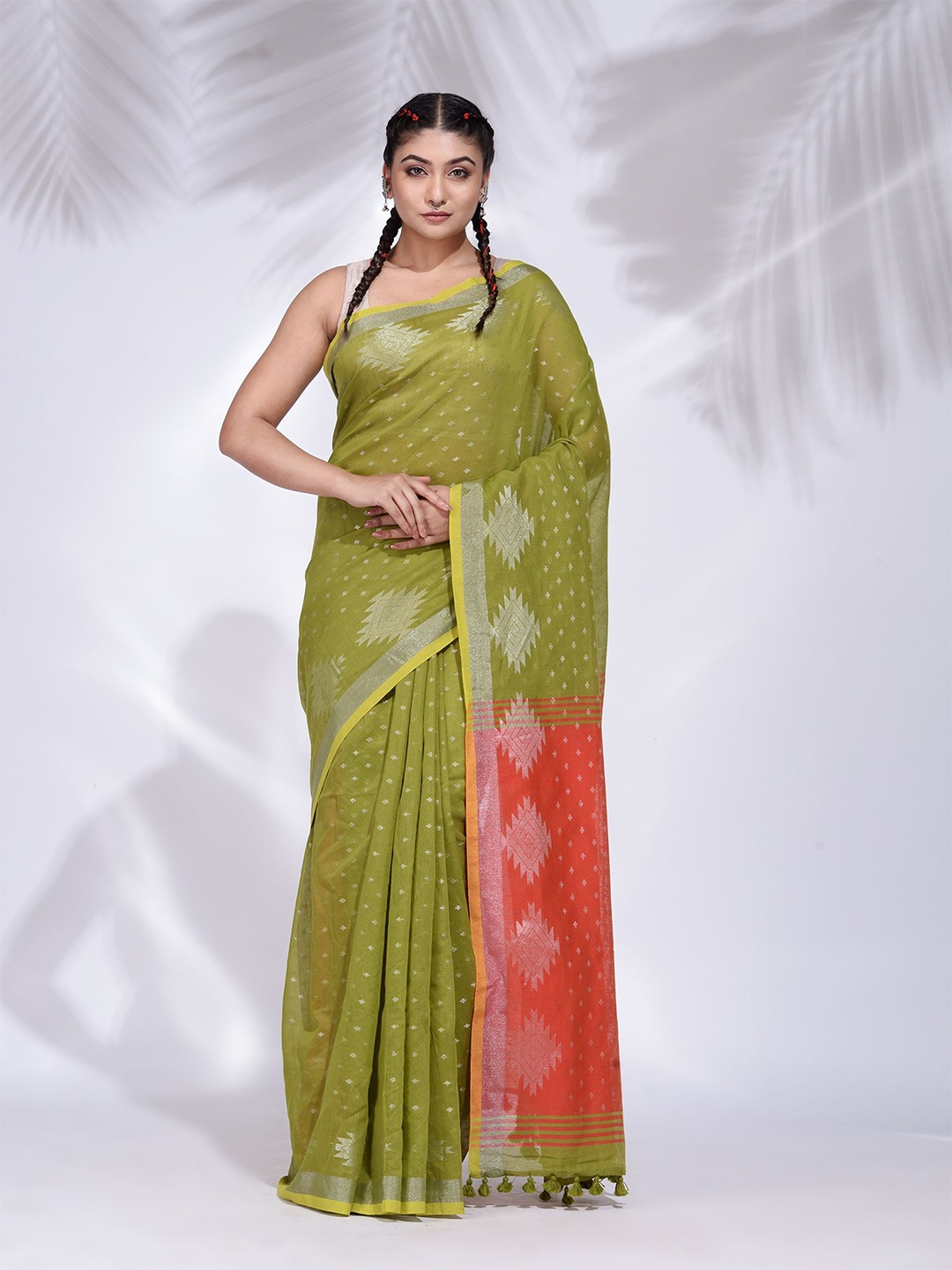 

Charukriti Green & Red Cotton handwoven Saree