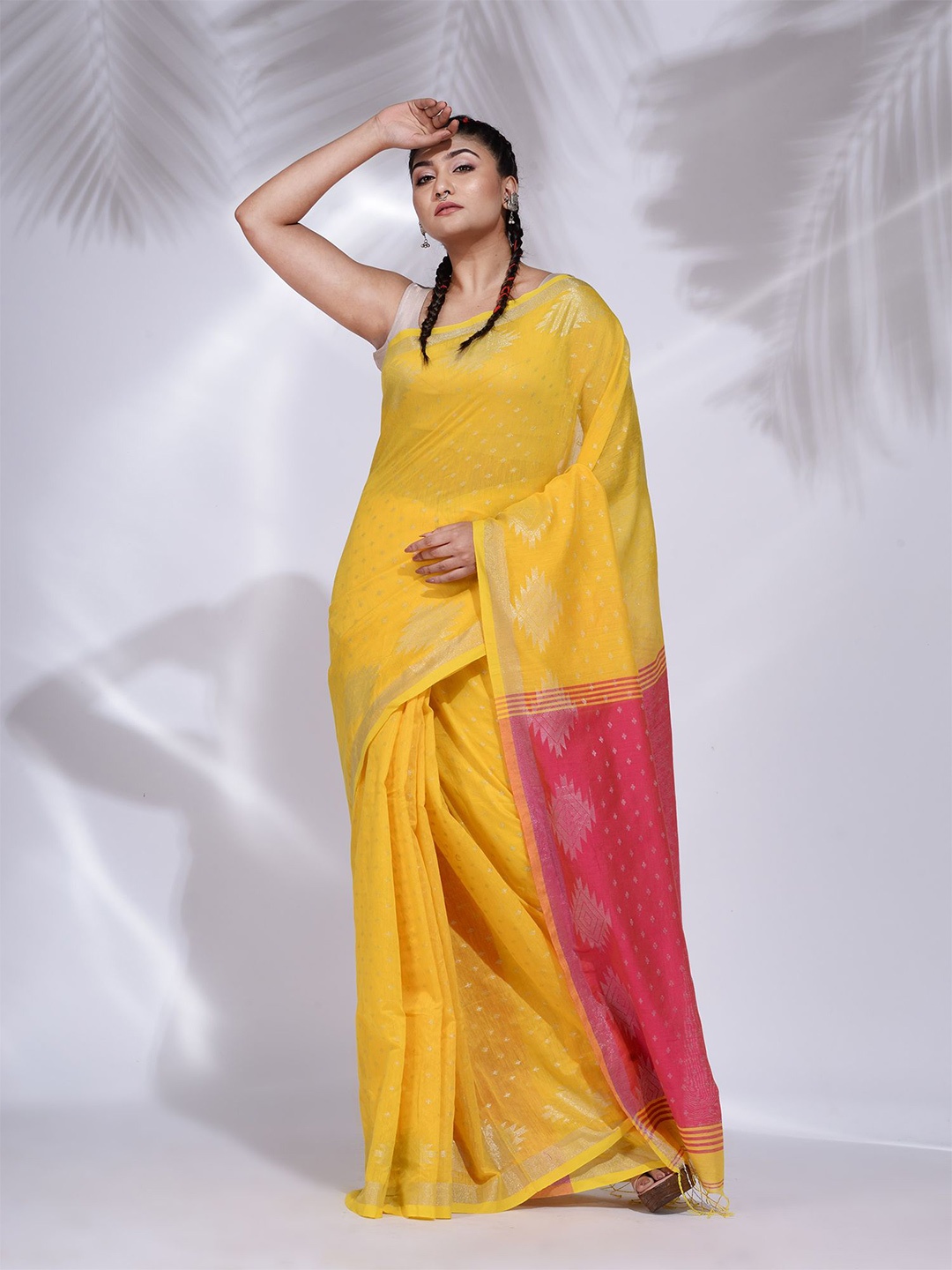 

Charukriti Women Yellow & Red Woven Design Zari Saree