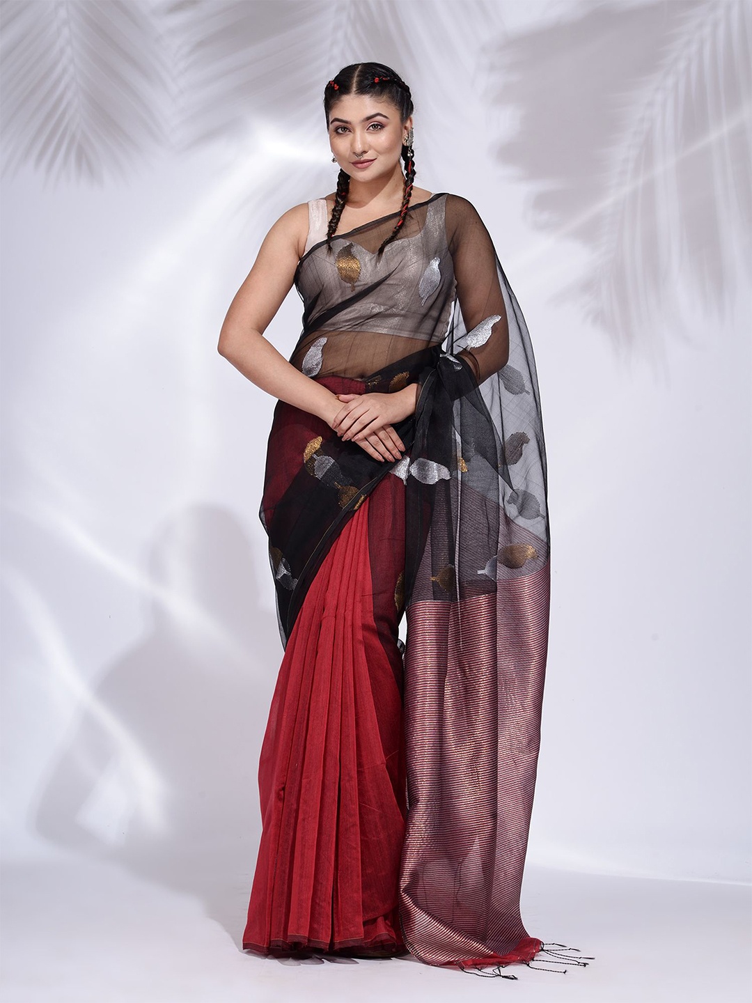 

Charukriti Black & Red Woven Design Zari Saree