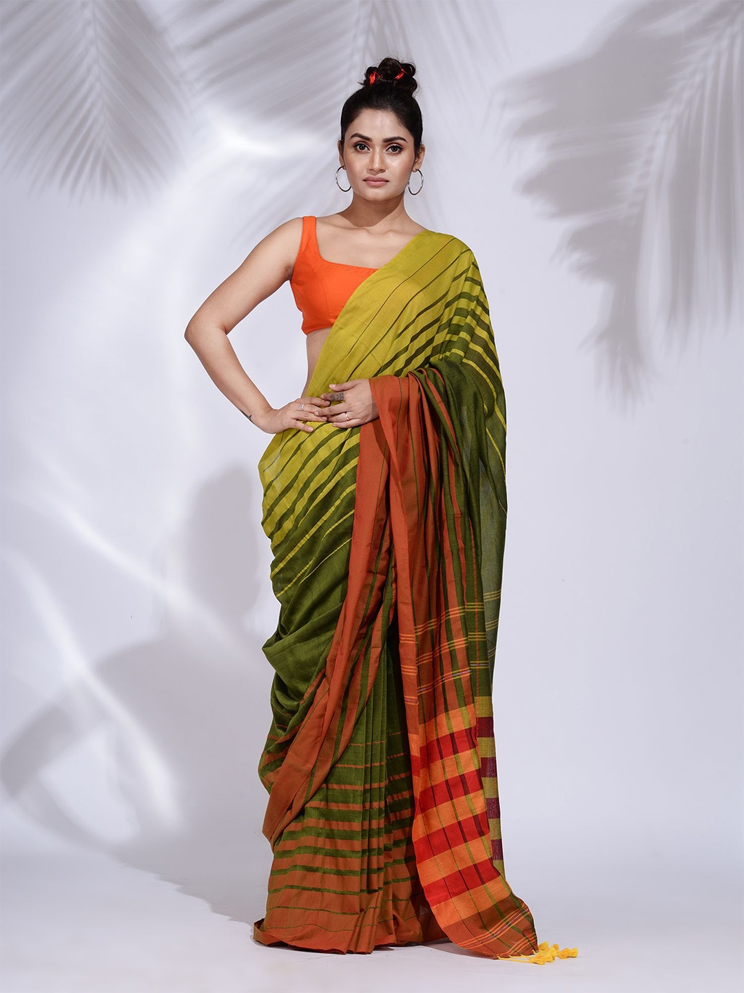 

Charukriti Women Green & Yellow Woven Design Striped Pure Cotton Saree