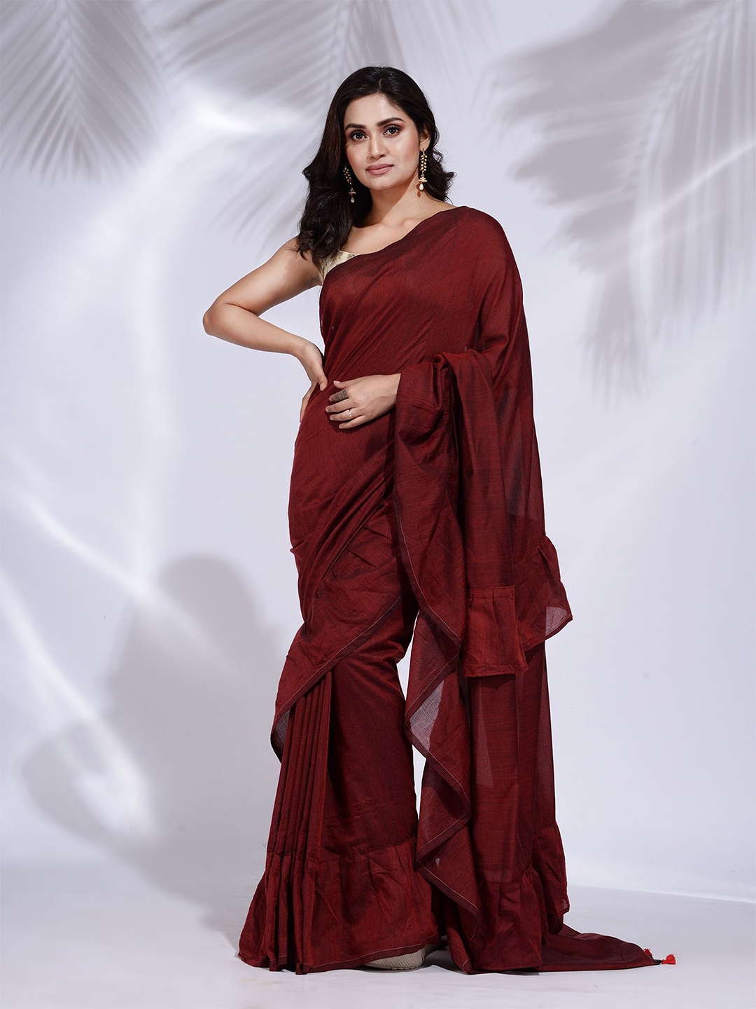 

Charukriti Maroon Pure Cotton Ruffled Saree