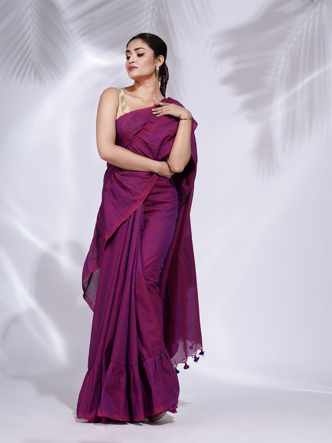 

Charukriti Purple Pure Cotton Ruffle Saree