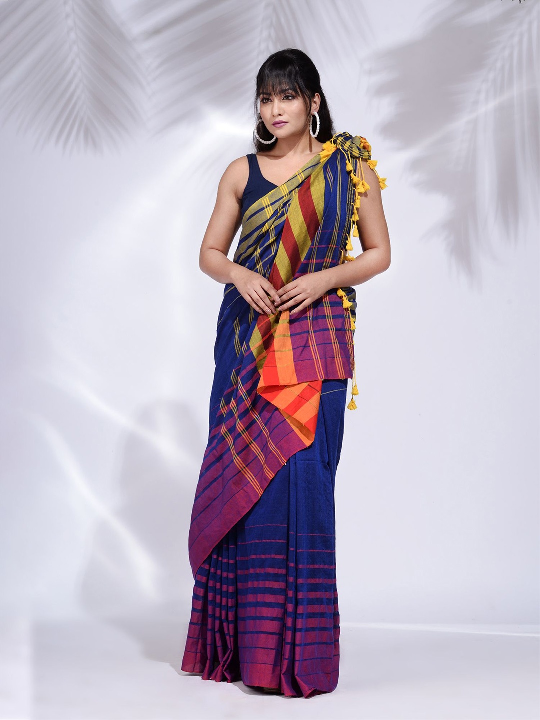 

Charukriti Women Blue & Yellow Striped Pure Cotton Saree