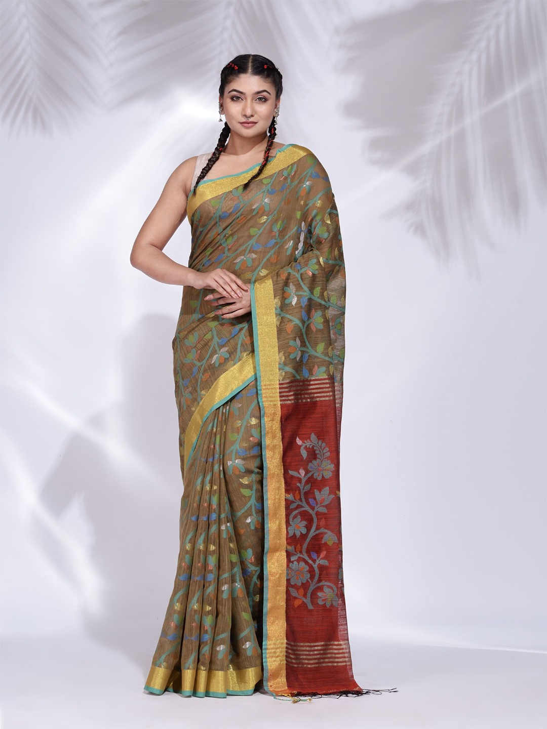 

Charukriti Floral Woven Design Zari Pure Cotton Saree, Rust