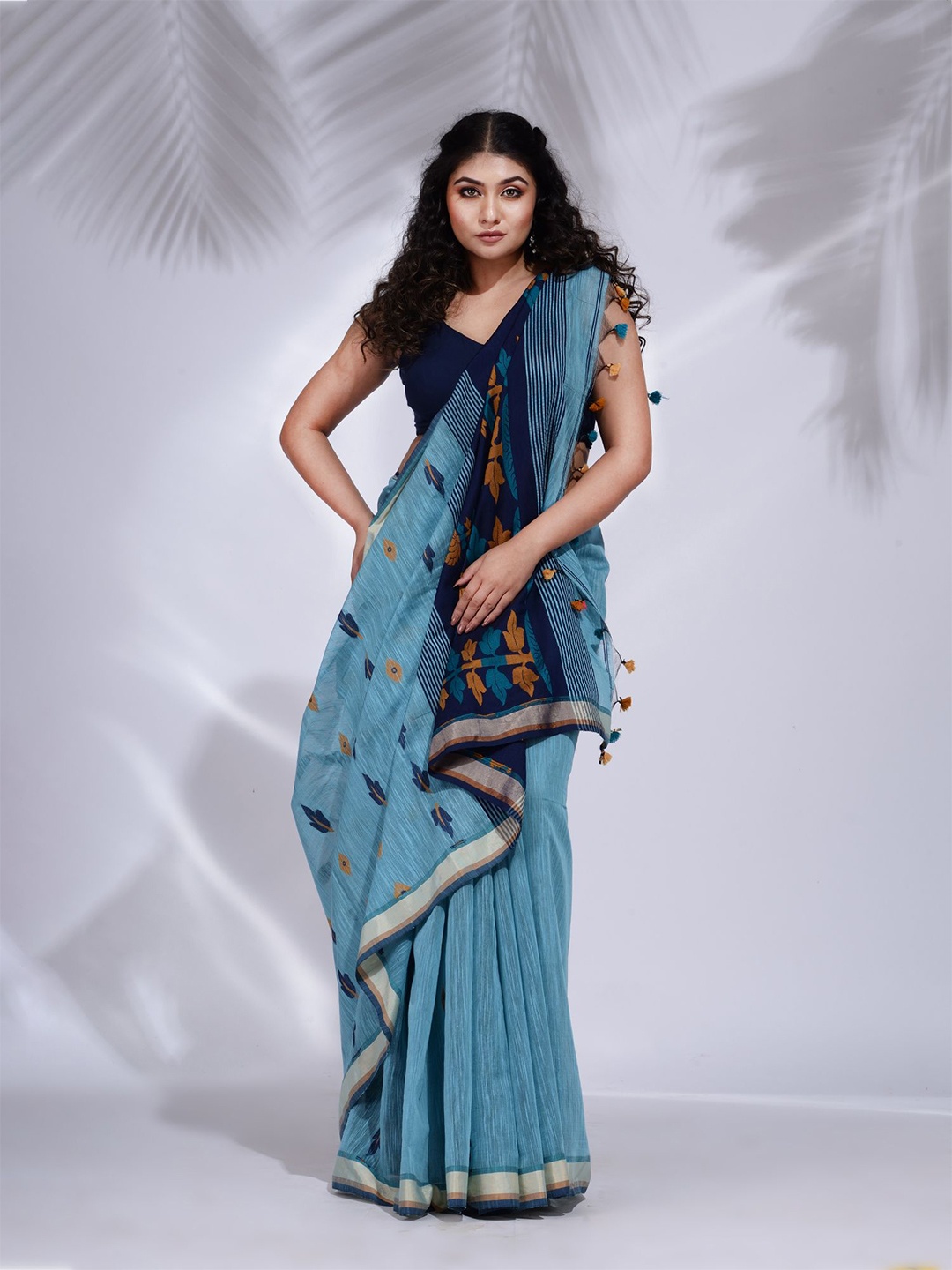 

Charukriti Blue & Peach-Coloured Ethnic Motifs Zari Pure Cotton Saree