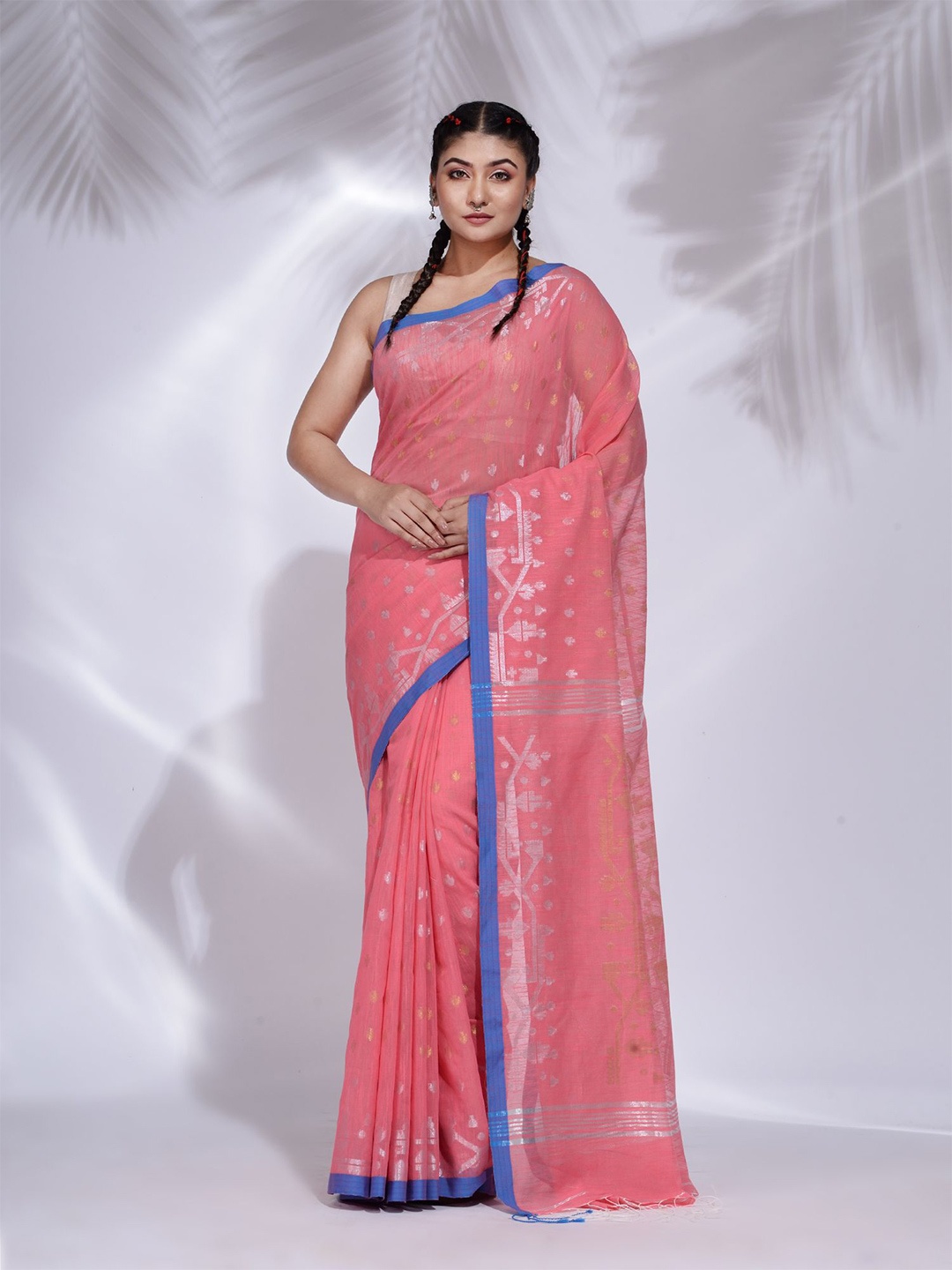 

Charukriti Pink & Blue Woven Design Zari Pure Cotton Saree
