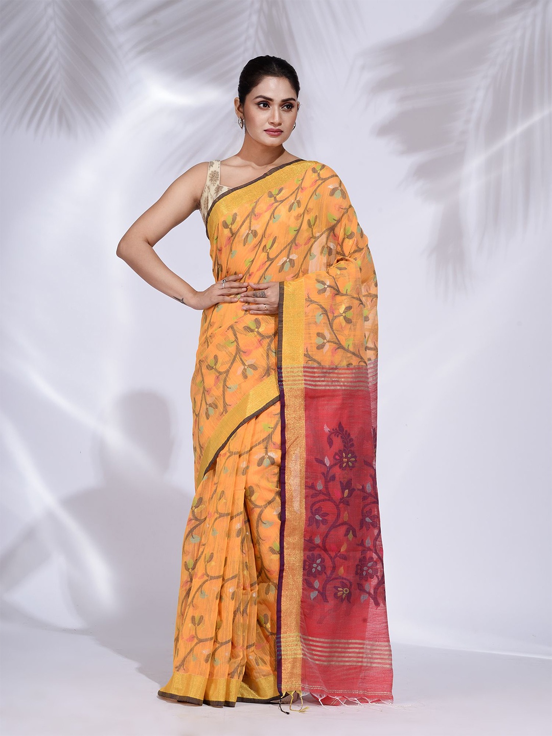 

Charukriti Yellow & Pink Floral Zari Pure Cotton Saree