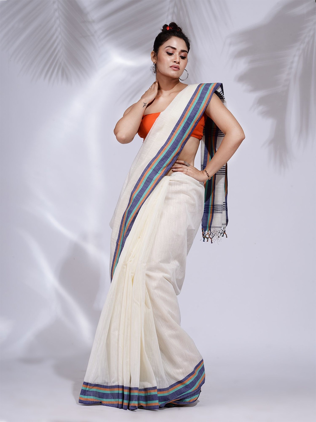 

Charukriti White & Blue Striped Pure Cotton Saree