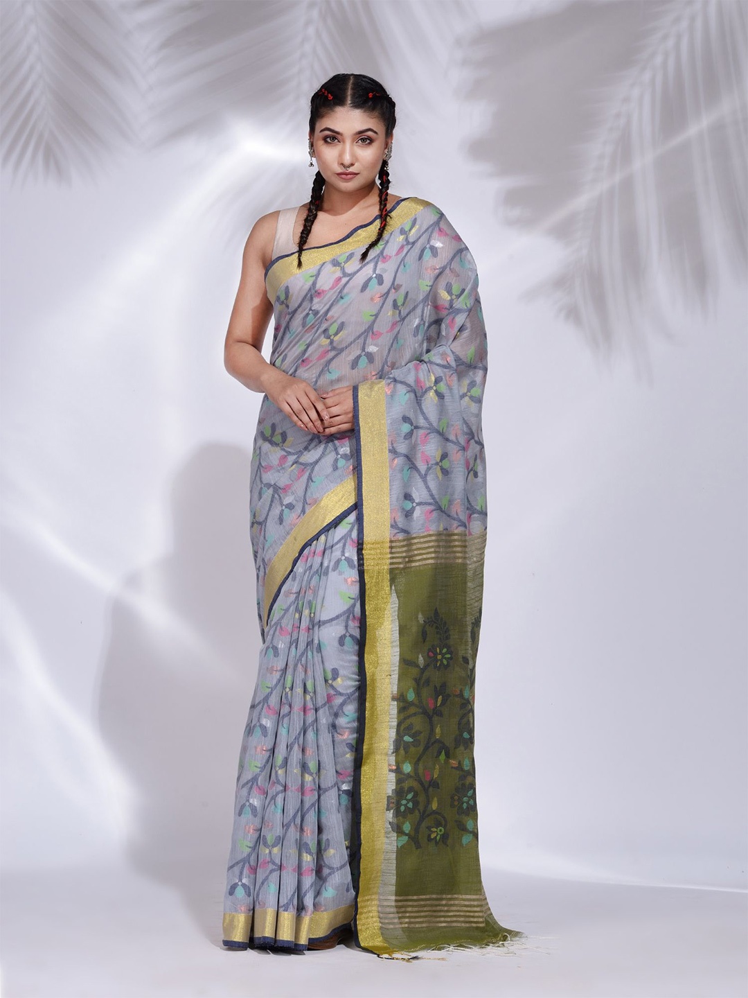 

Charukriti Grey & Green Floral Woven Design Zari Pure Cotton Saree