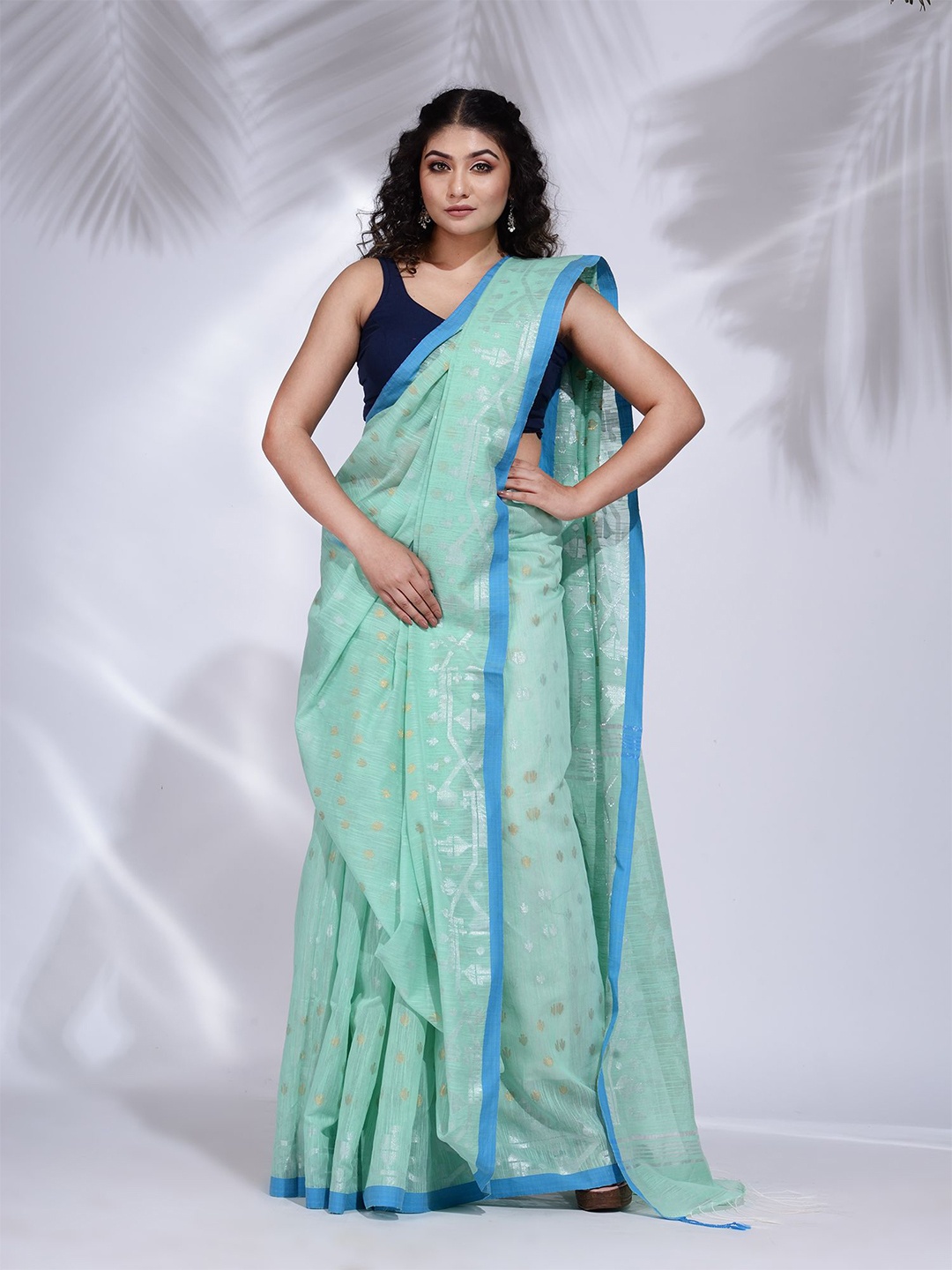 

Charukriti Women Green & Blue Woven Design Pure Cotton Saree