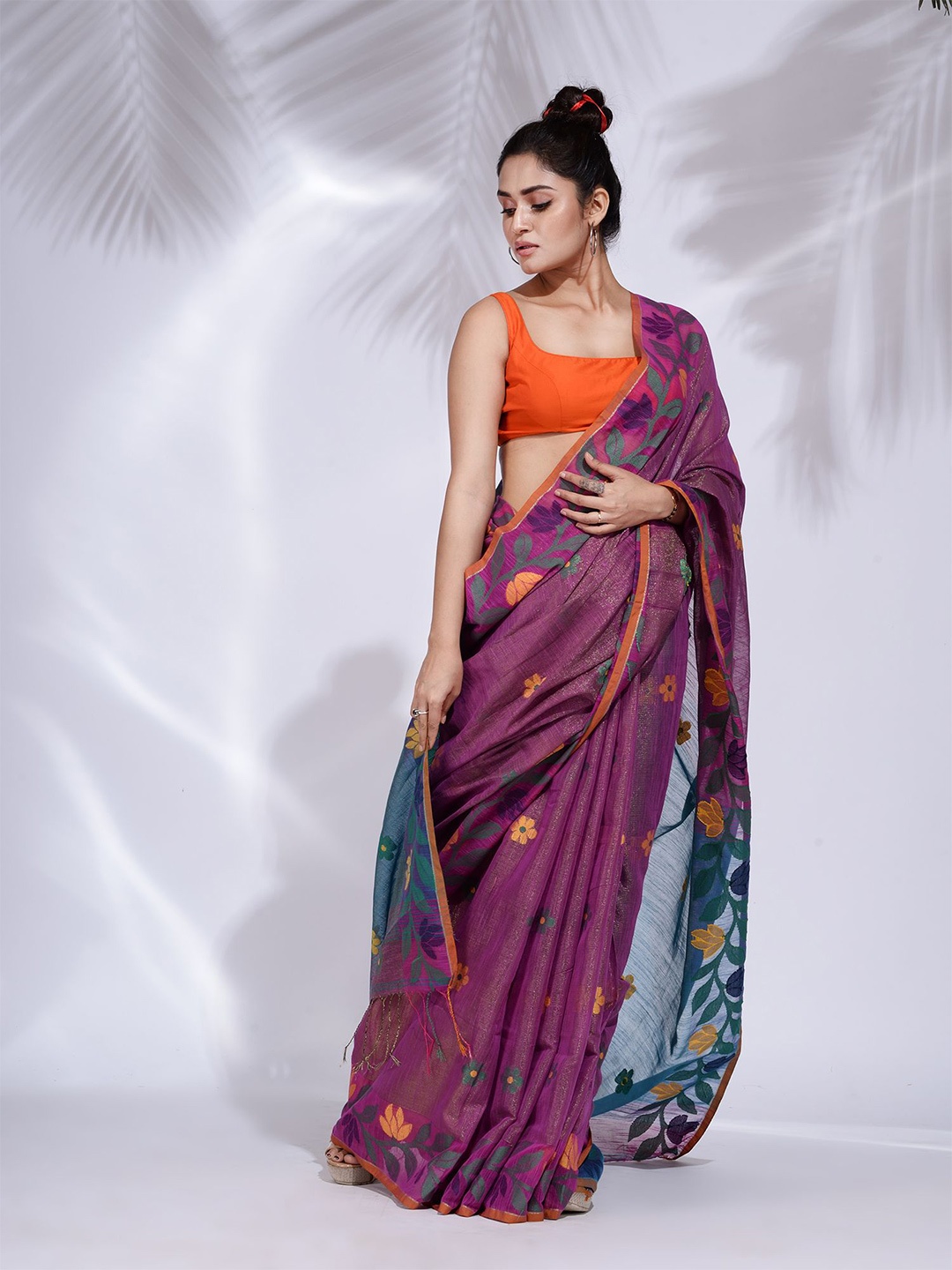 

Charukriti Purple & Yellow Woven Design Tissue Saree