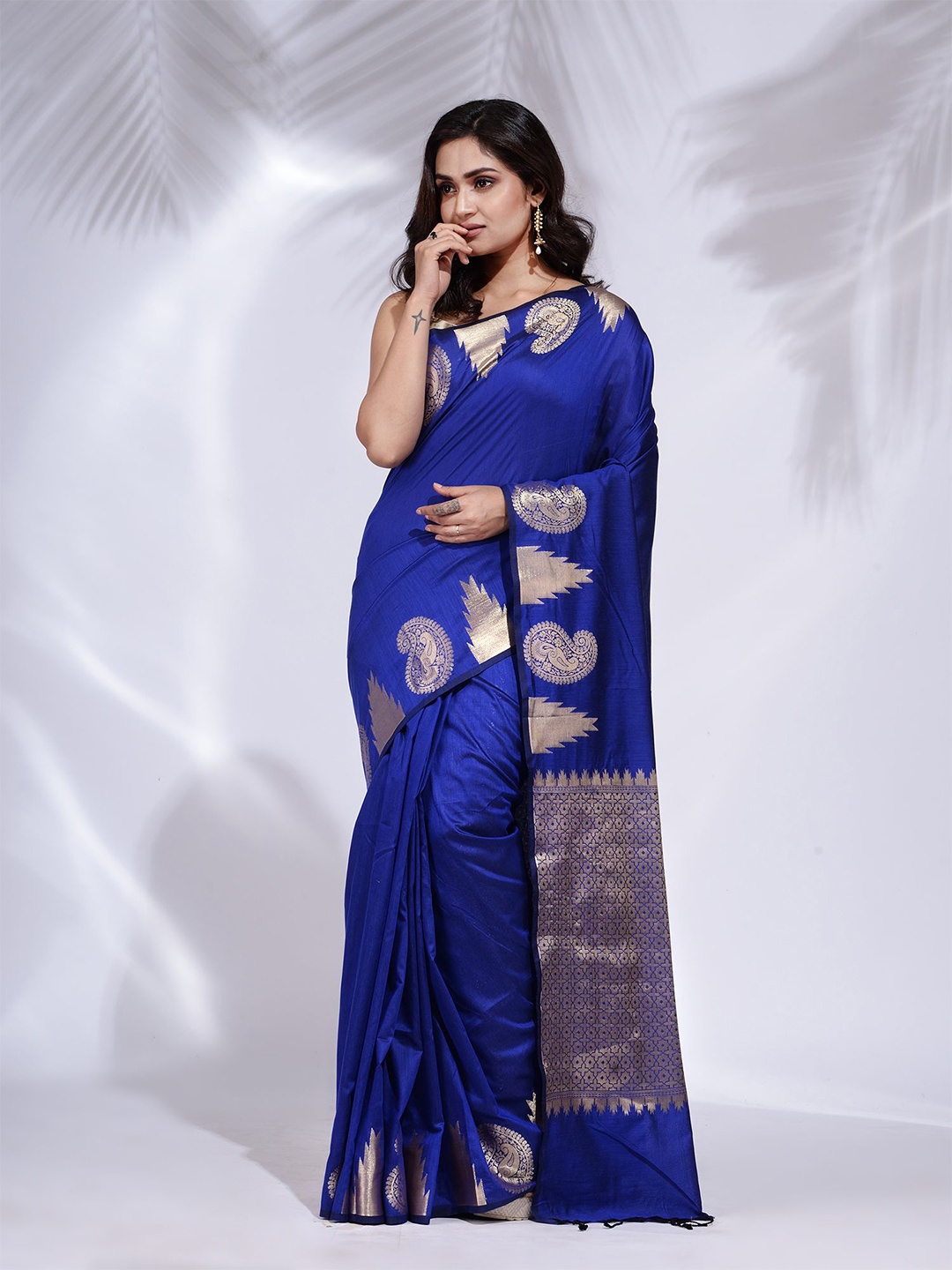 

Charukriti Blue & Rose Gold Zari Pure Silk Saree