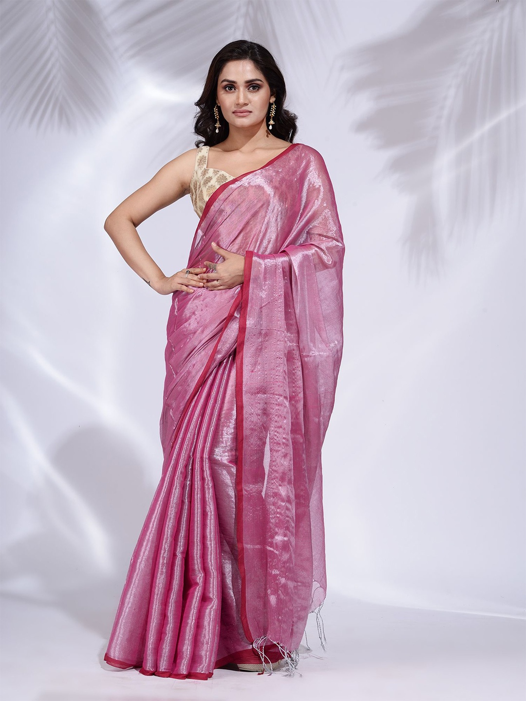 

Charukriti Pink Woven Design Tissue Saree