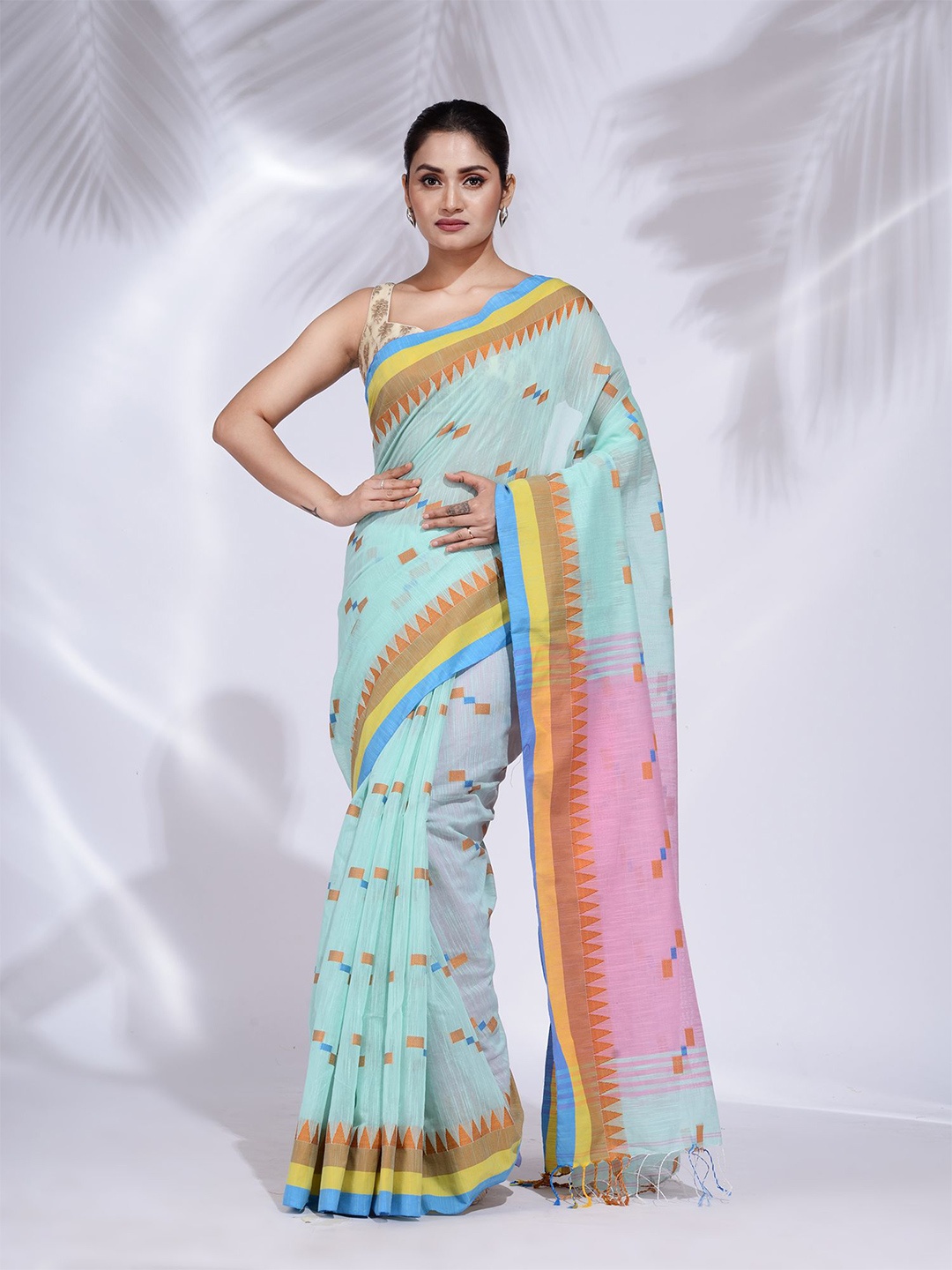 

Charukriti Turquoise Blue & Pink Pure Cotton Saree