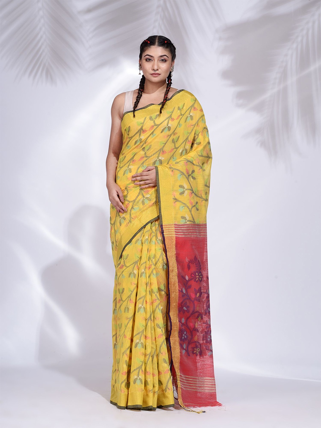 

Charukriti Yellow & Pink Woven Design Pure Cotton Saree