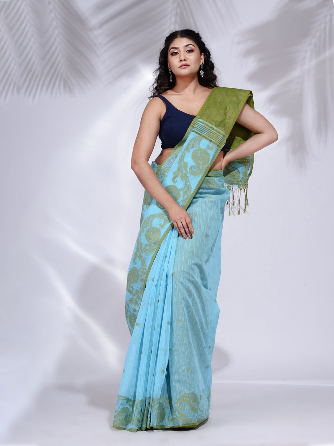 

Charukriti Blue & Olive Green Woven Design Pure Cotton Saree