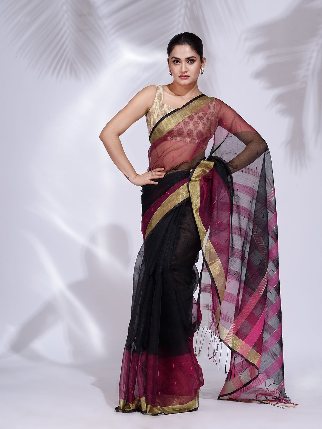 

Charukriti Striped Woven Design Zari Saree, Black