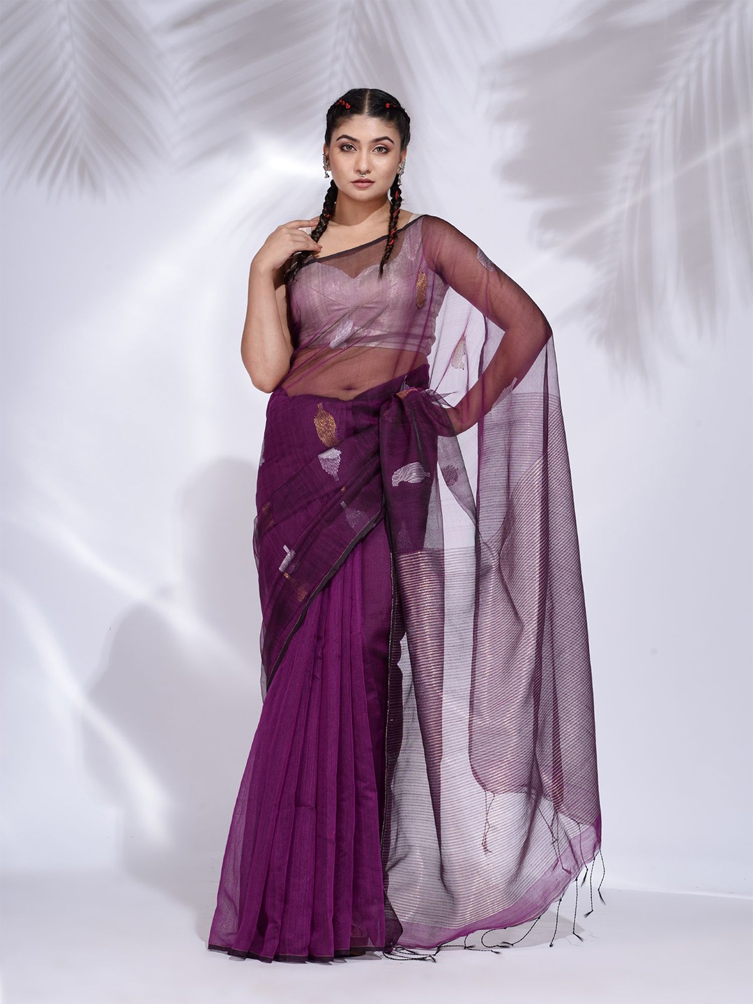 

Charukriti Purple & Silver-Toned Woven Design Zari Saree
