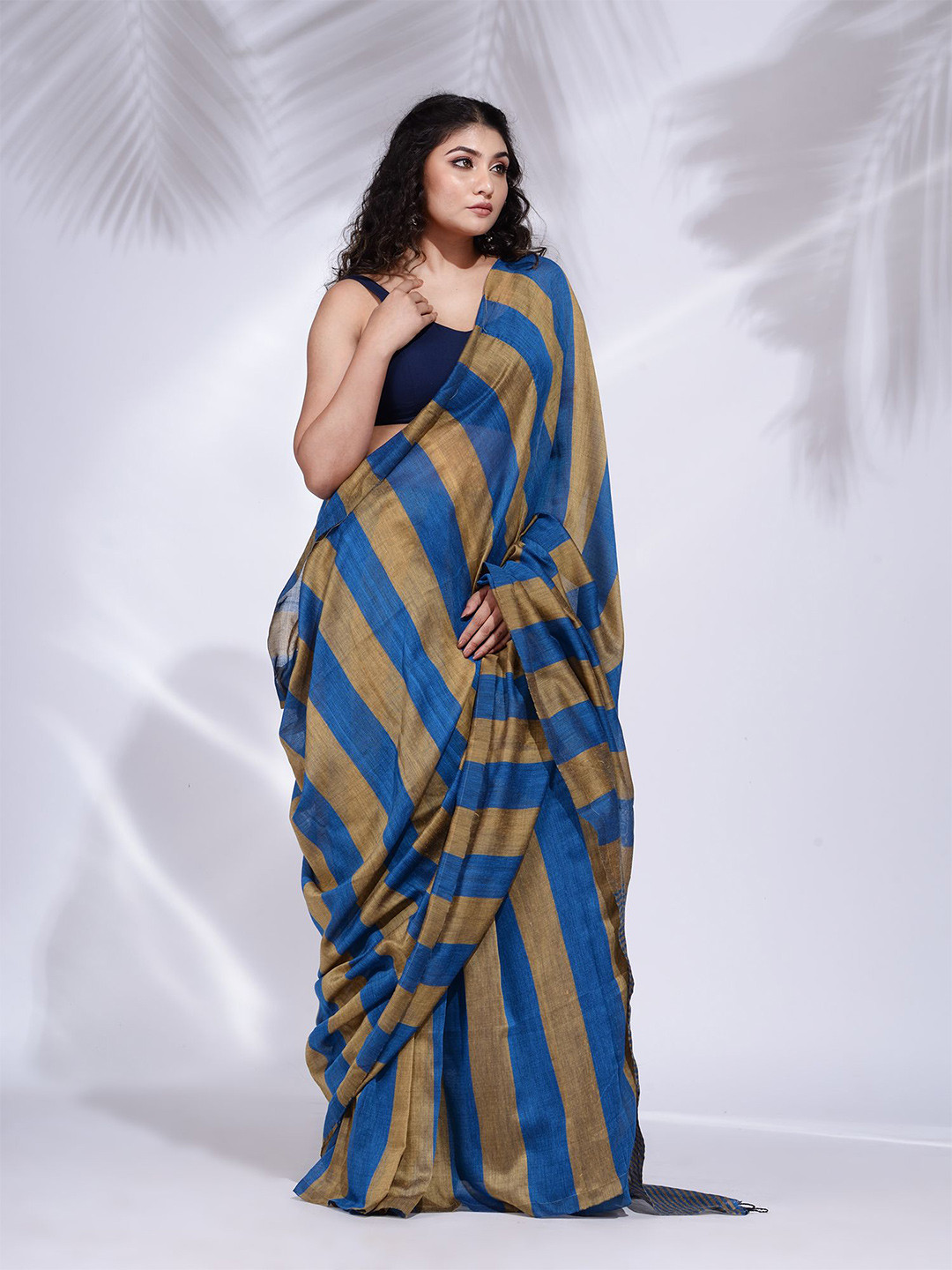 

Charukriti Blue & Brown Striped Pure Cotton Saree