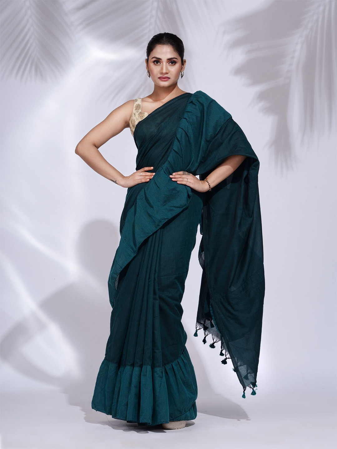 

Charukriti Women Teal Pure Cotton Ruffle Saree