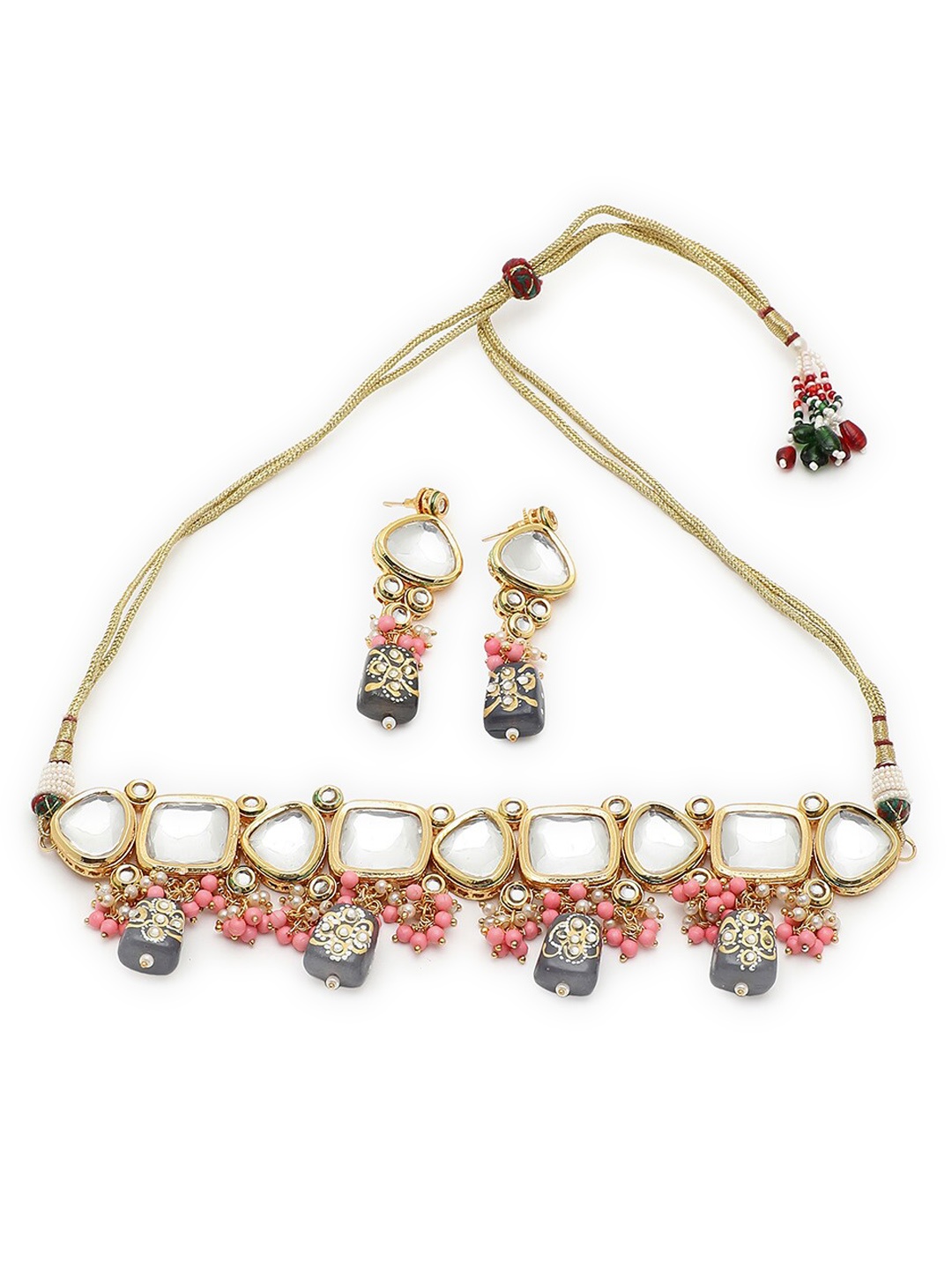 

SOHI Gold-Plated White & Peach-Coloured Kundan Studded & Beaded Jewellery Set