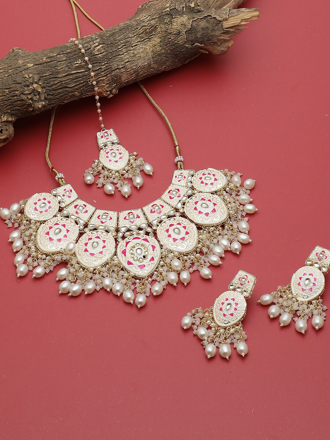 

SOHI Gold-Plated White & Pink Stone Studded & Beaded Meenakari Jewellery Set