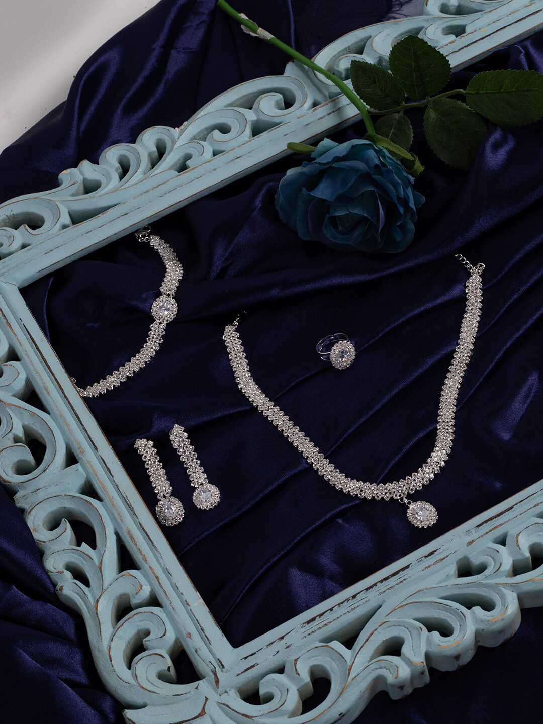 

SOHI Silver-Plated Silver-Toned White Stone Studded Jewellery Set