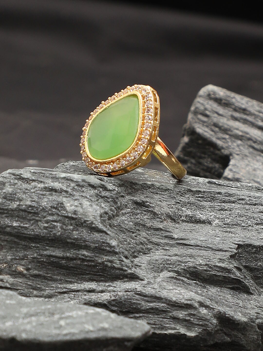 

SOHI Gold-Plated Green Stone-Studded Adjustable Finger Ring