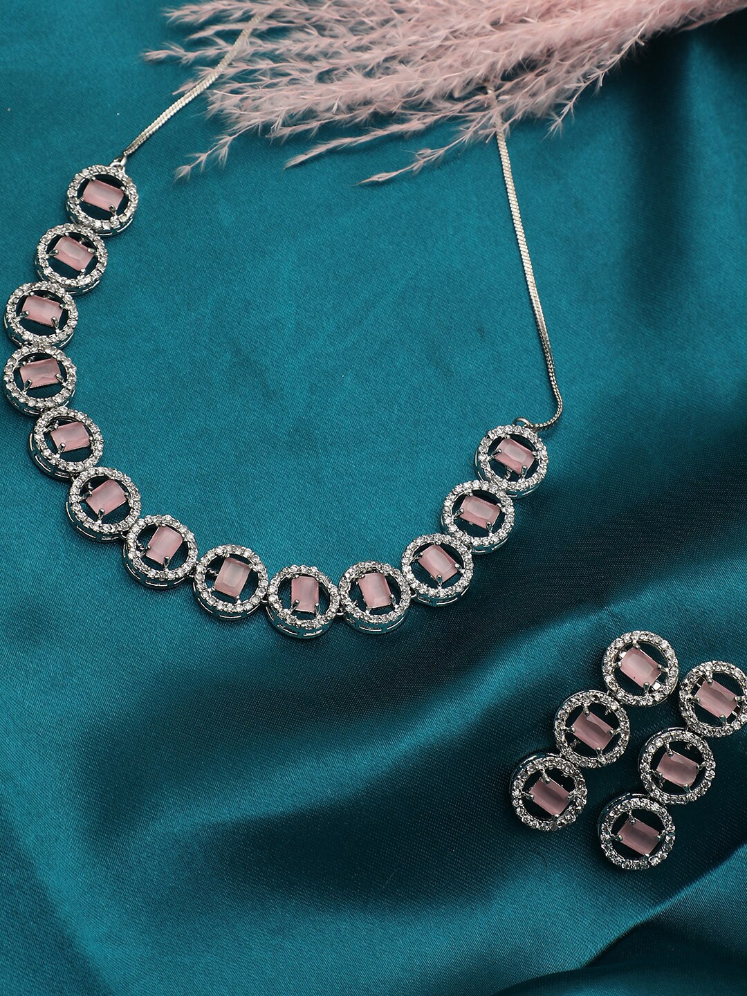

SOHI Women Silver-Plated White & Pink AD-Studded American Diamond Jewellery Set