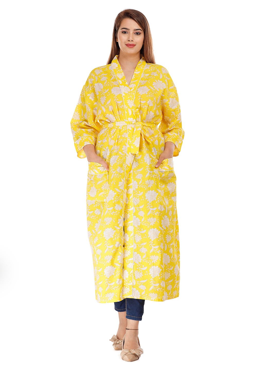 

SHOOLIN Women Floral Printed Wrap Nightdress, Yellow