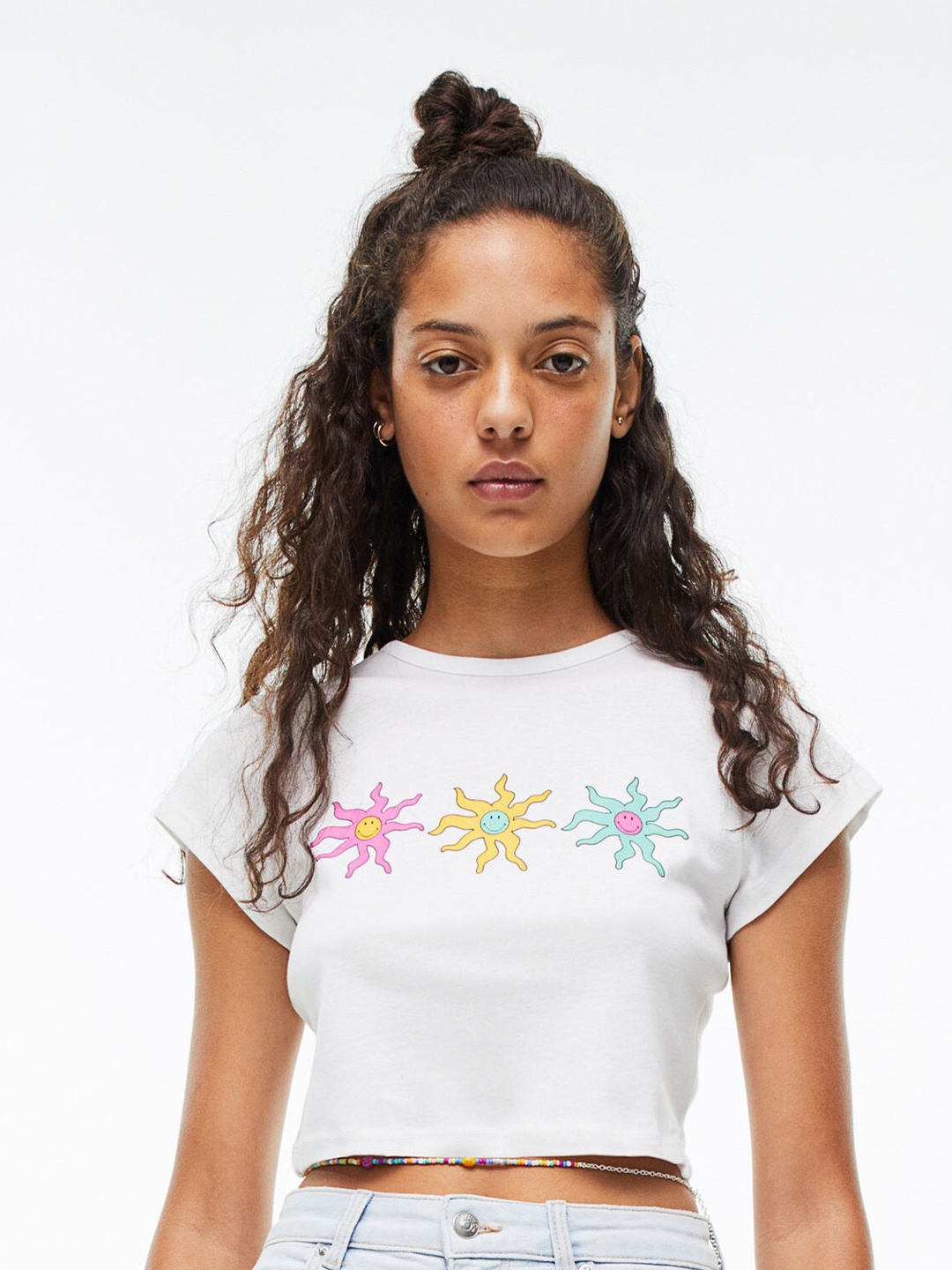 

H&M White Print Crop Top