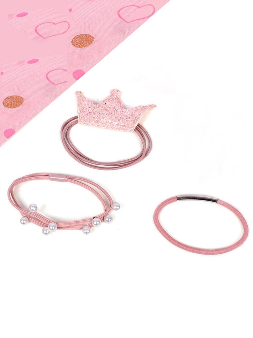 

lil' star Girls Pink Pack of 3 Crown & Pearls Rubber Bands Set Hairband