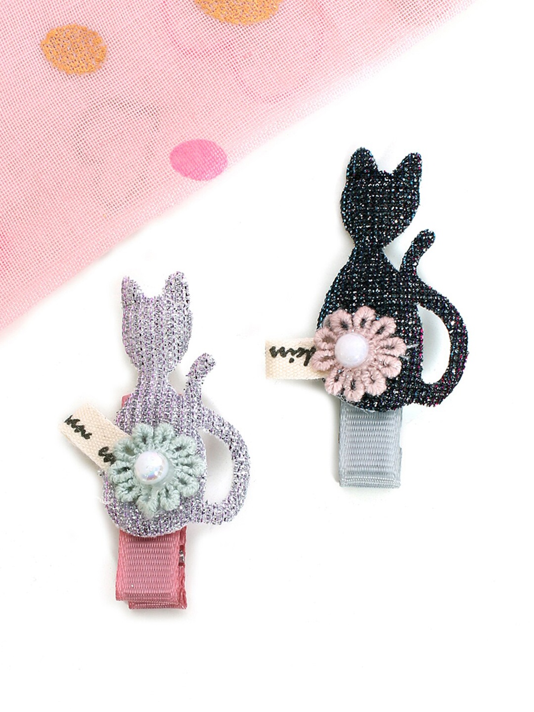 

lil' star Set Of 2 Grey & Peach Embellished Cat Tic Tac Hair Clip