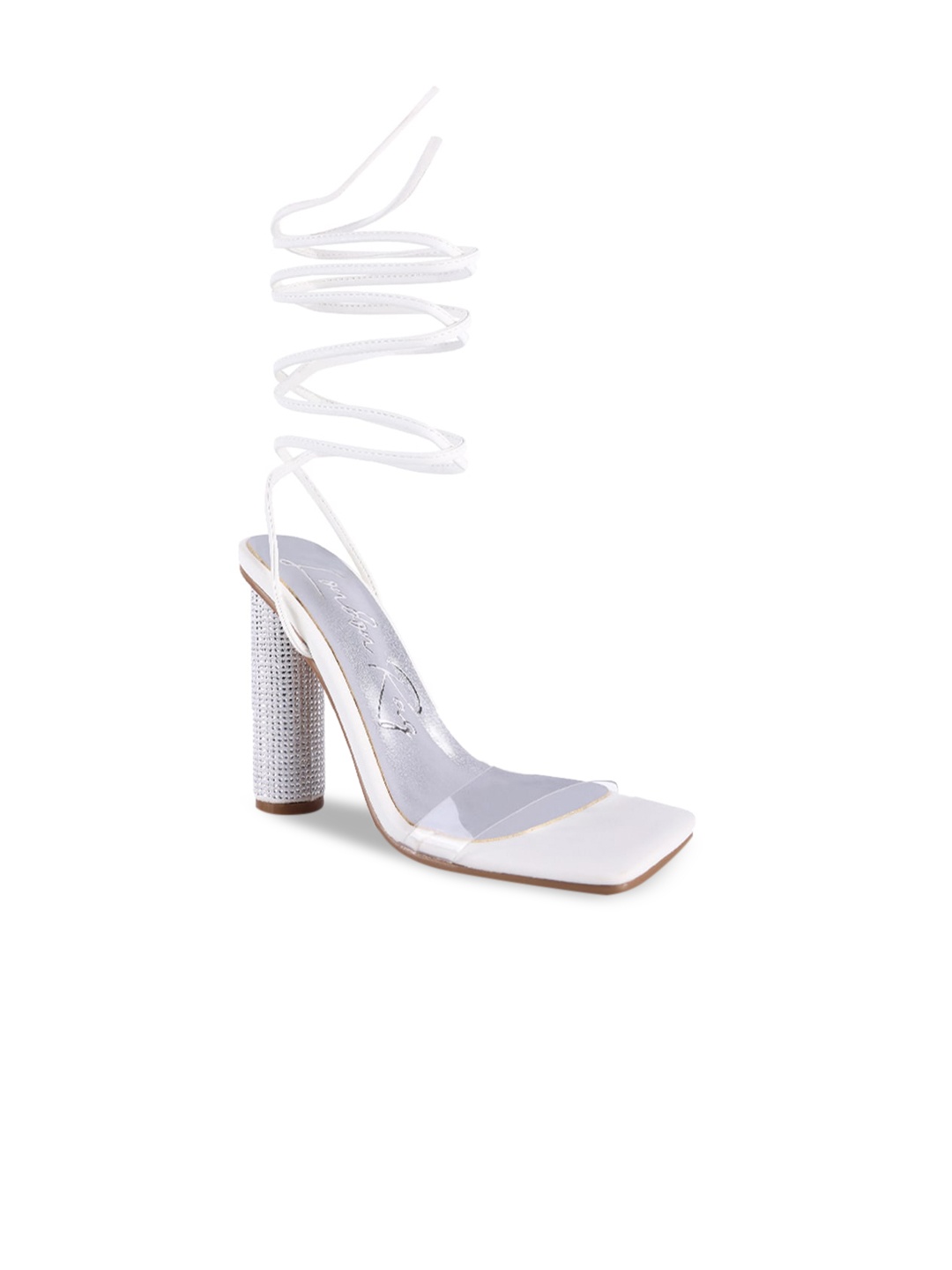 

London Rag White Lace Up Diamante High Block Heel PU Party Sandals