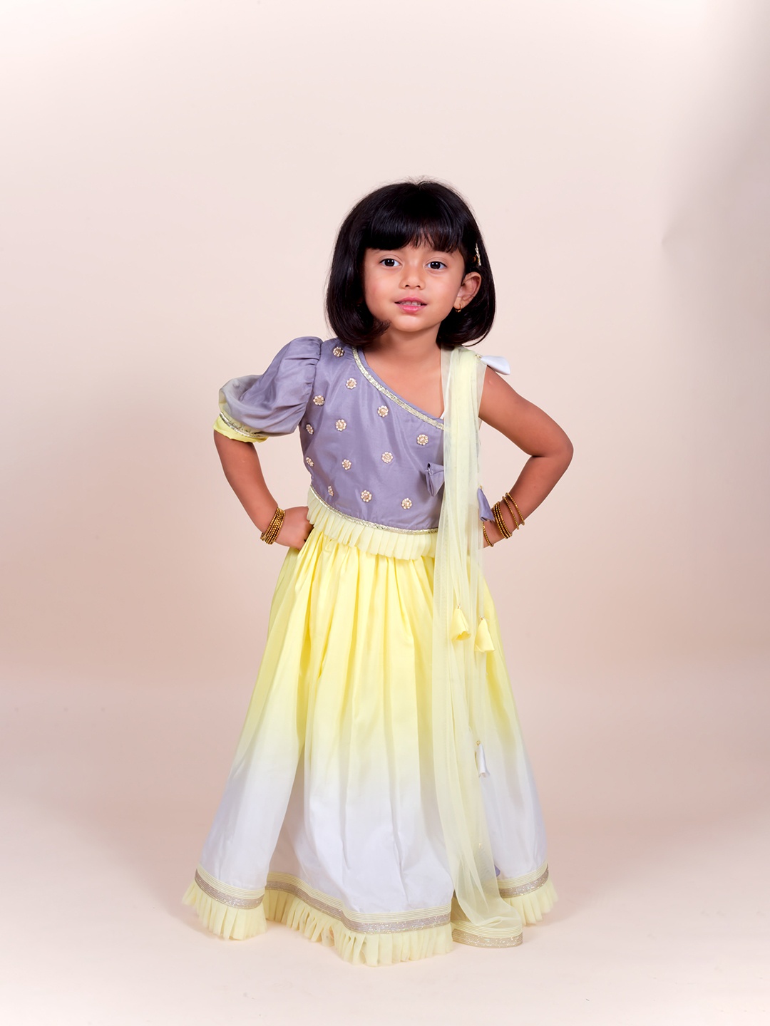 

Little Carrot Girls Yellow & Grey Embellished Ready to Wear Lehenga Choli Dupatta Set