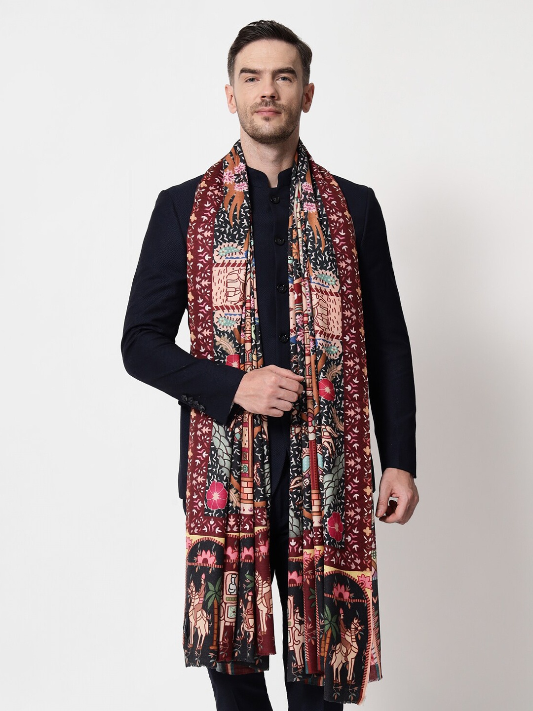 

Pashtush Men Red Woven Design Wool Shawl