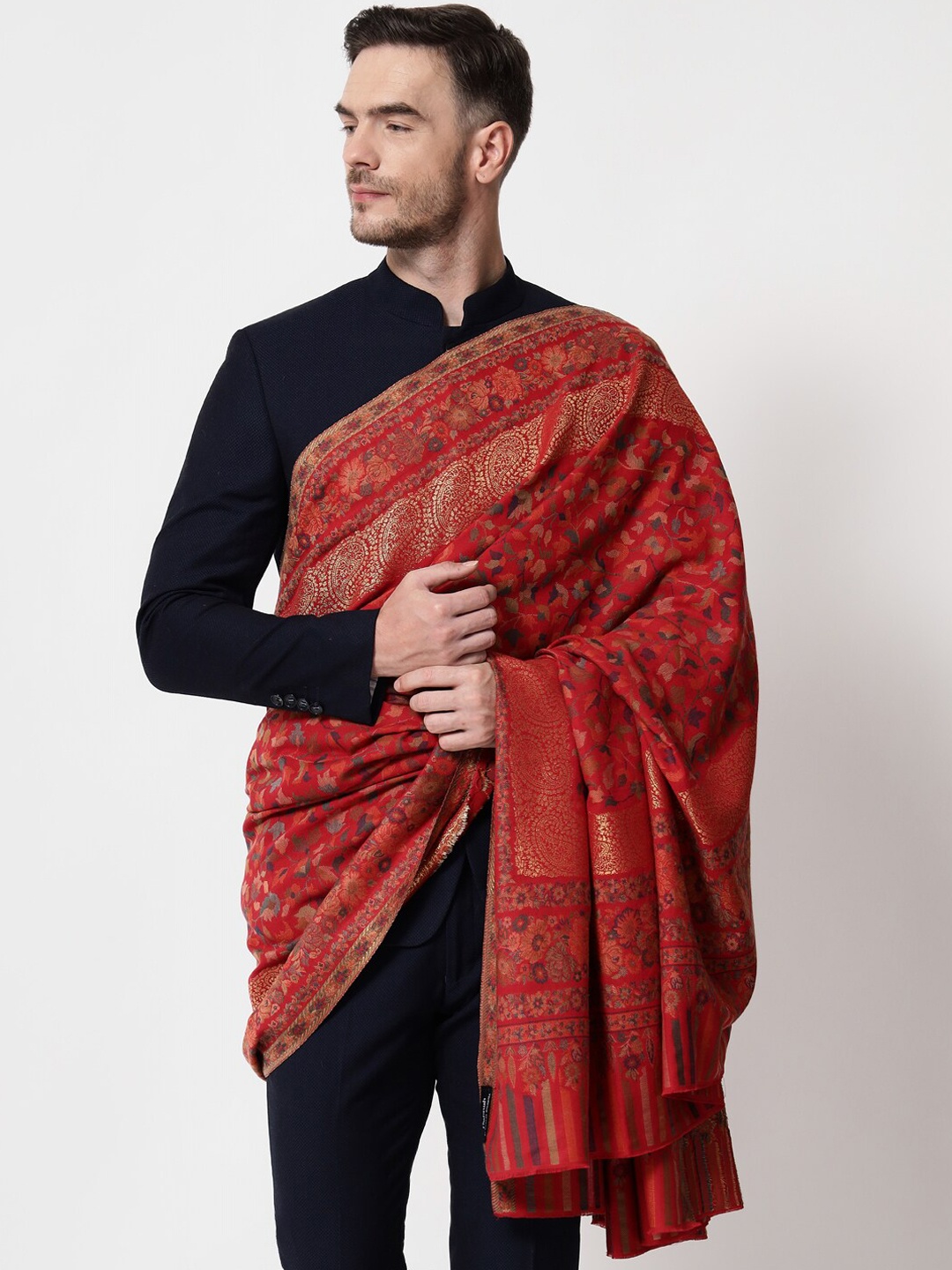 

Pashtush Men Maroon Woven Design Printed Shawl