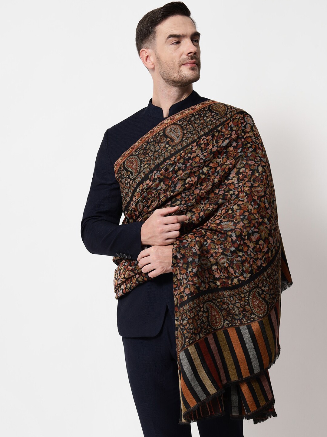 

Pashtush Men Black & Brown Woven-Design Shawl