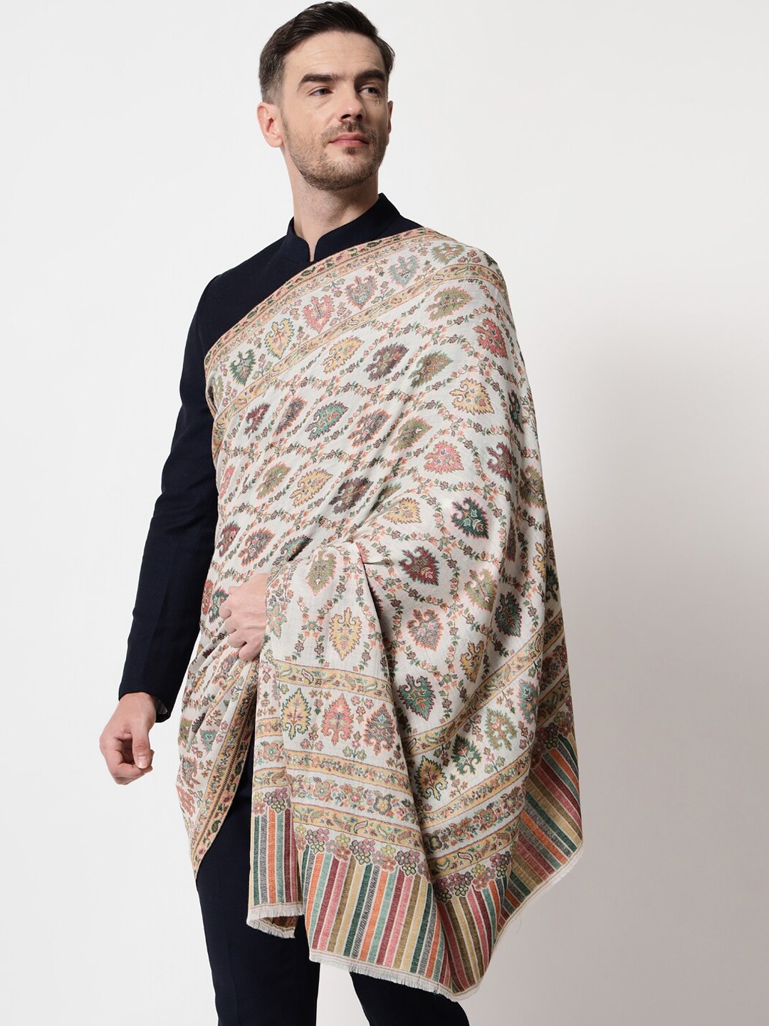 

Pashtush Men White & Beige Woven-Design Shawl