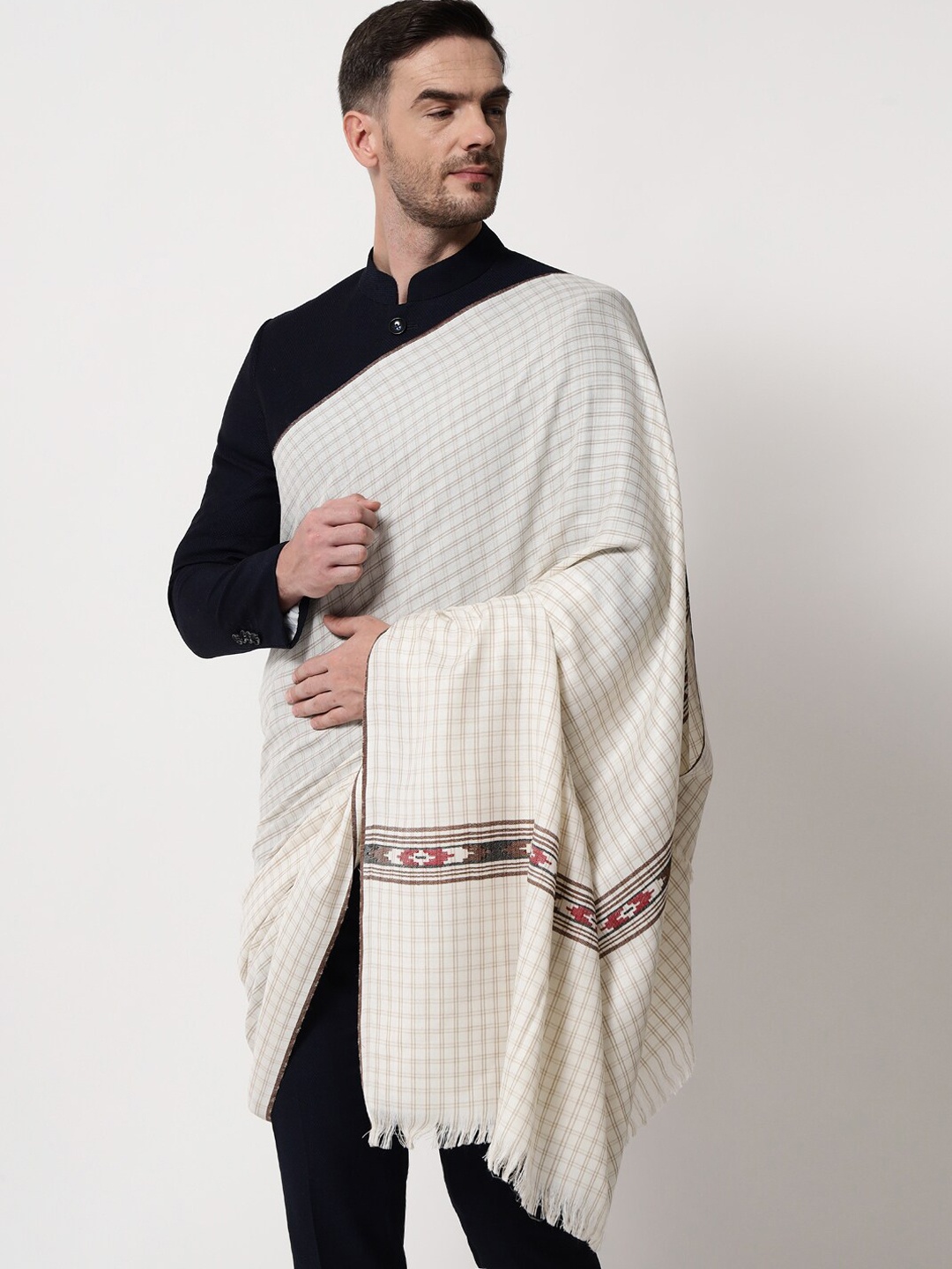 

Pashtush Men White & Beige Checked Woven-Design Shawl