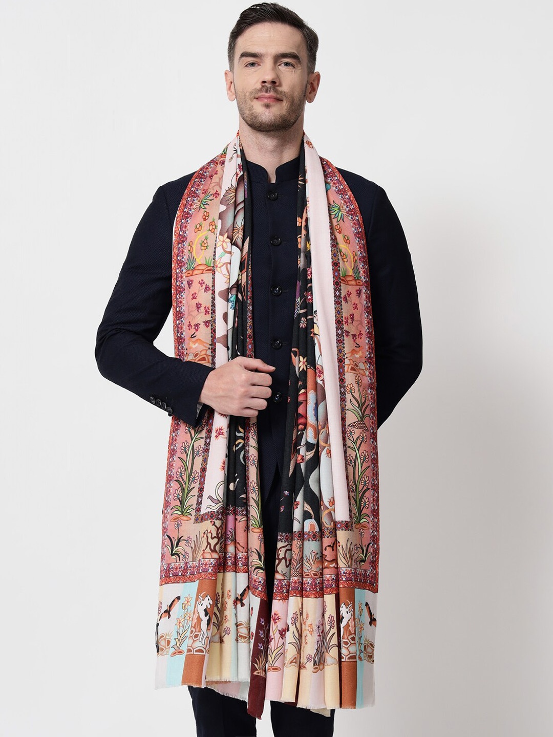 

Pashtush Men Black & Pink Woven Design Wool Shawl
