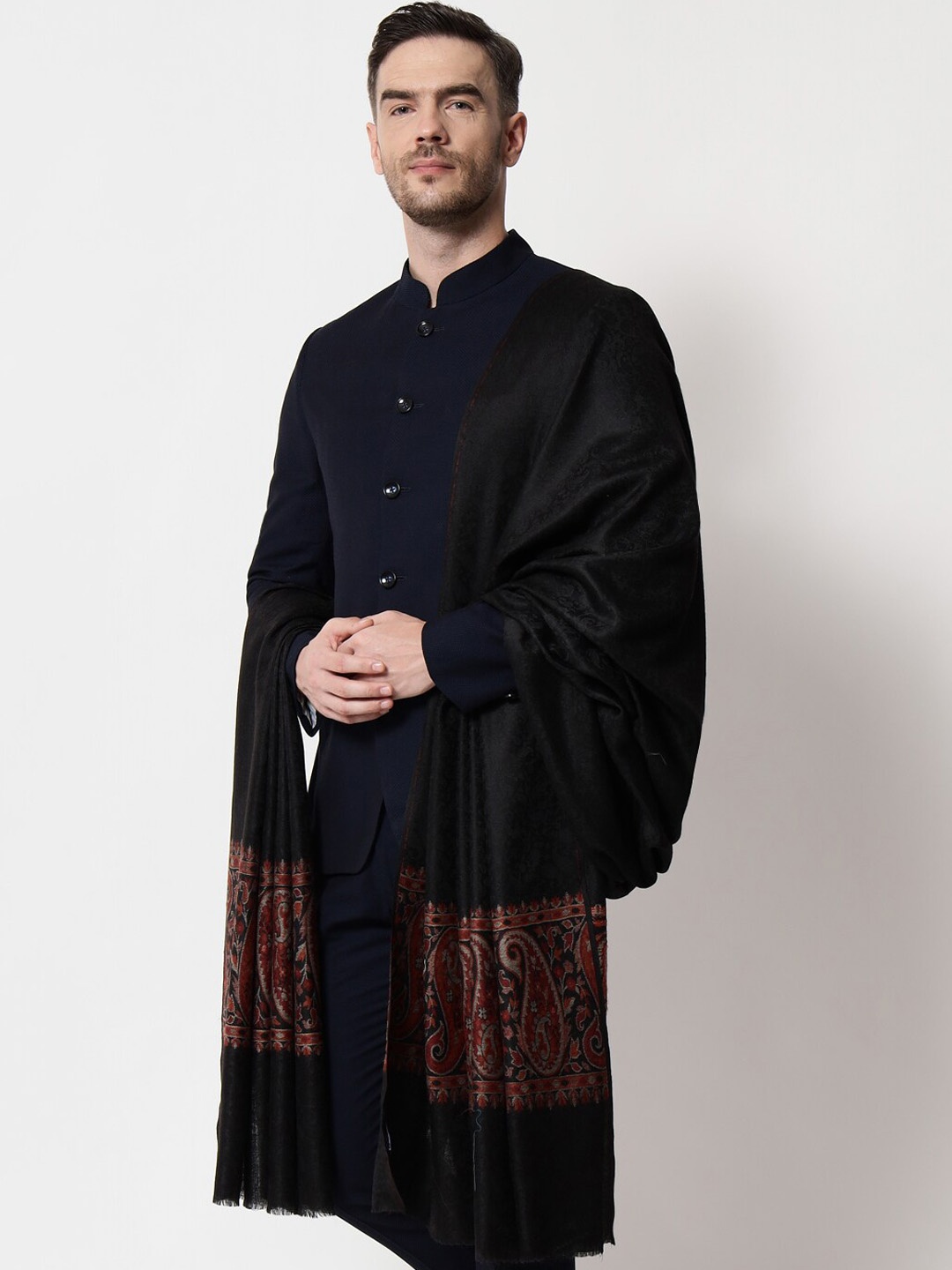 

Pashtush Men Black Woven Design Shawl