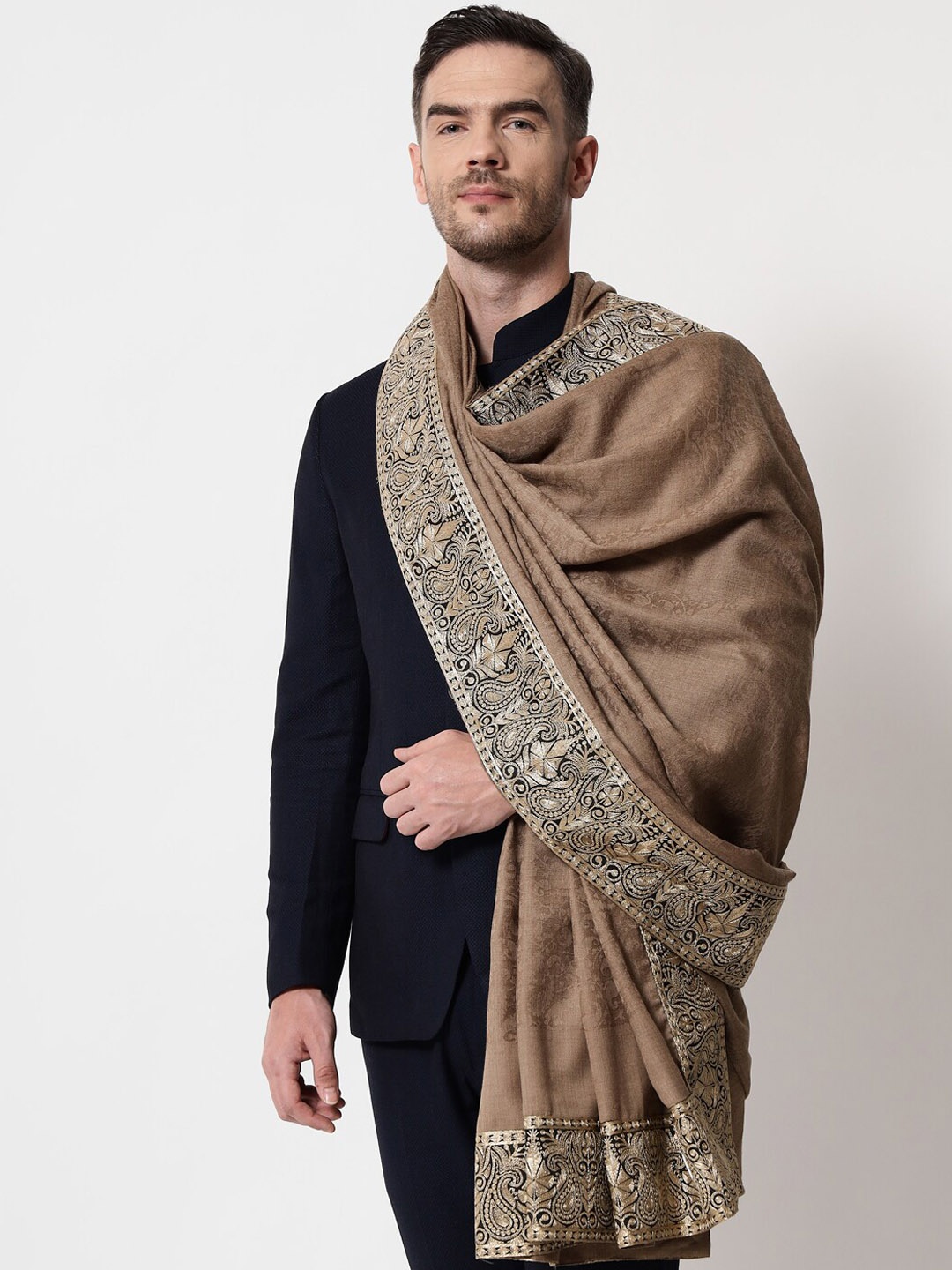 

Pashtush Men Beige Woven Design Shawl