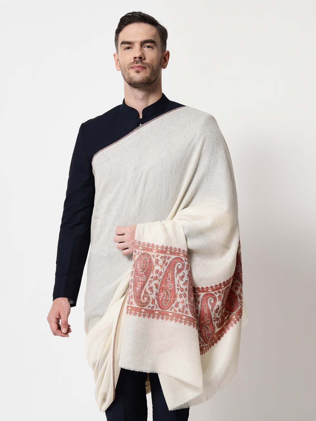

Pashtush Men White Woollen Woven Design Shawl